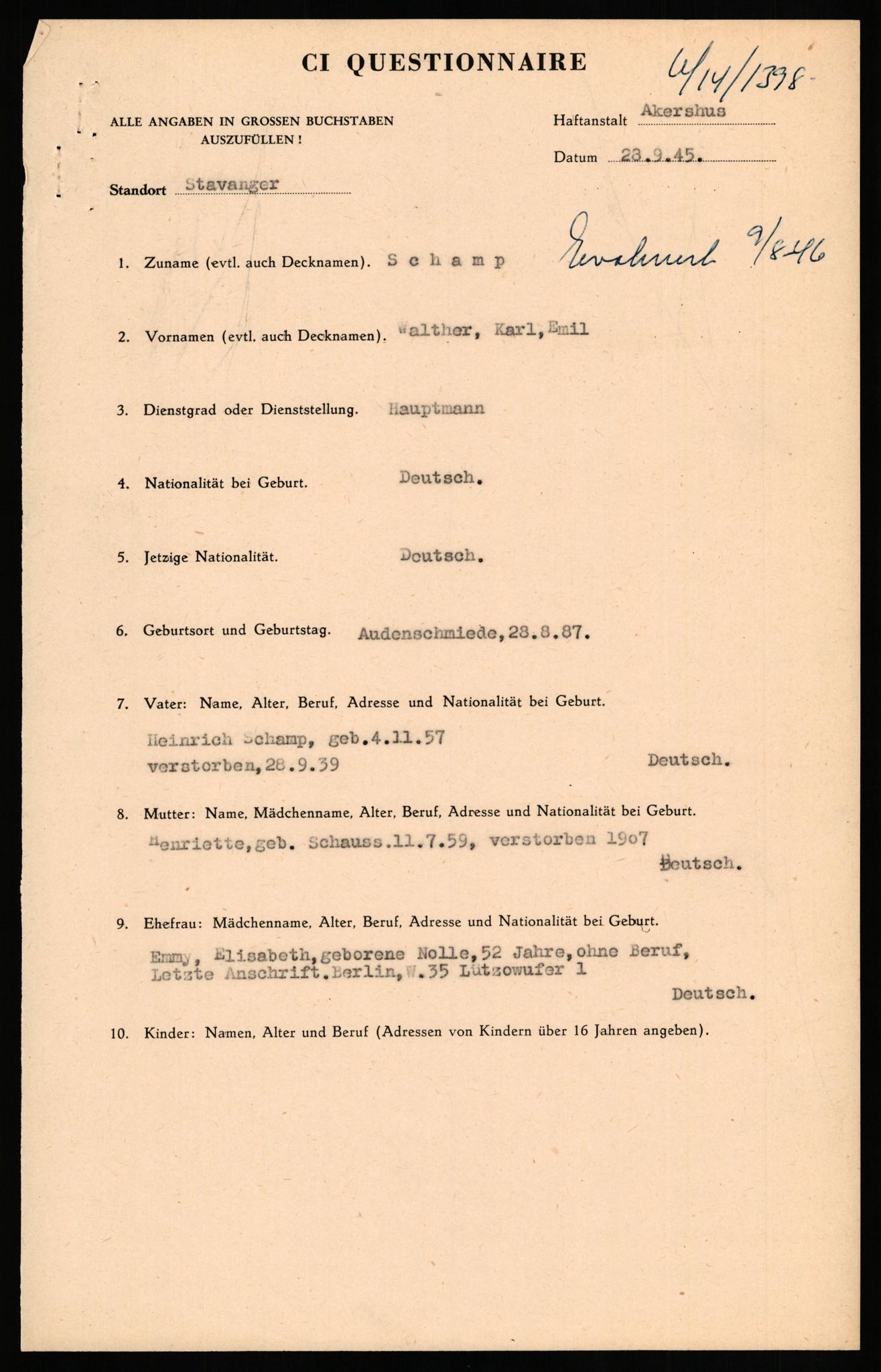 Forsvaret, Forsvarets overkommando II, RA/RAFA-3915/D/Db/L0029: CI Questionaires. Tyske okkupasjonsstyrker i Norge. Tyskere., 1945-1946, p. 51