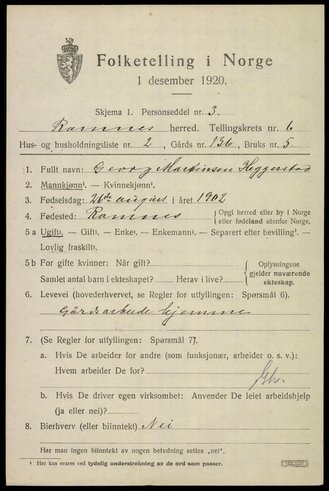 SAKO, 1920 census for Ramnes, 1920, p. 6200