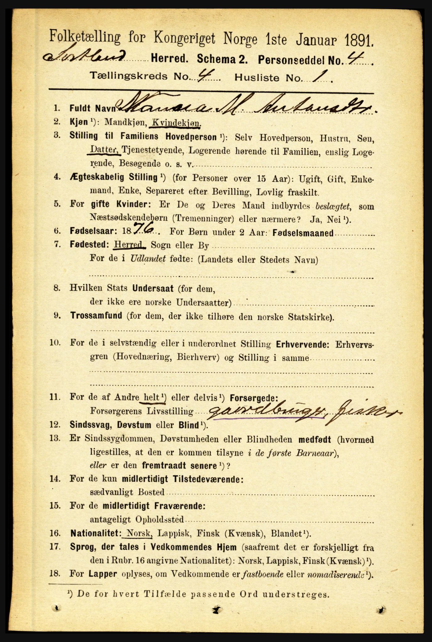 RA, 1891 census for 1870 Sortland, 1891, p. 2721