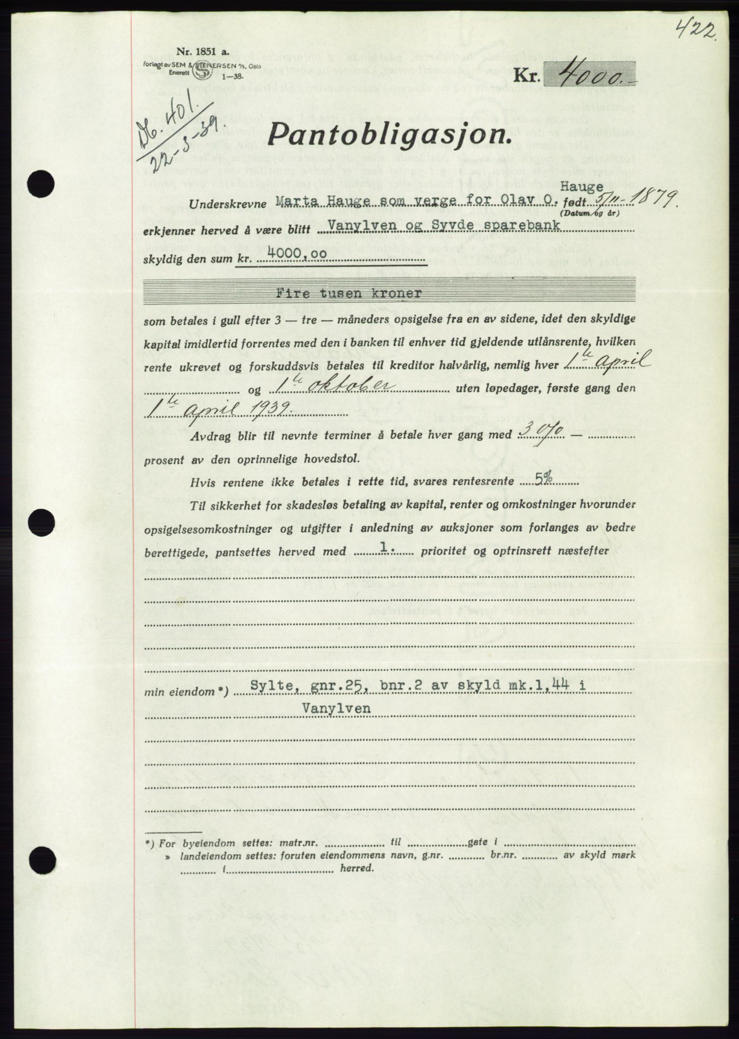 Søre Sunnmøre sorenskriveri, AV/SAT-A-4122/1/2/2C/L0067: Mortgage book no. 61, 1938-1939, Diary no: : 401/1939