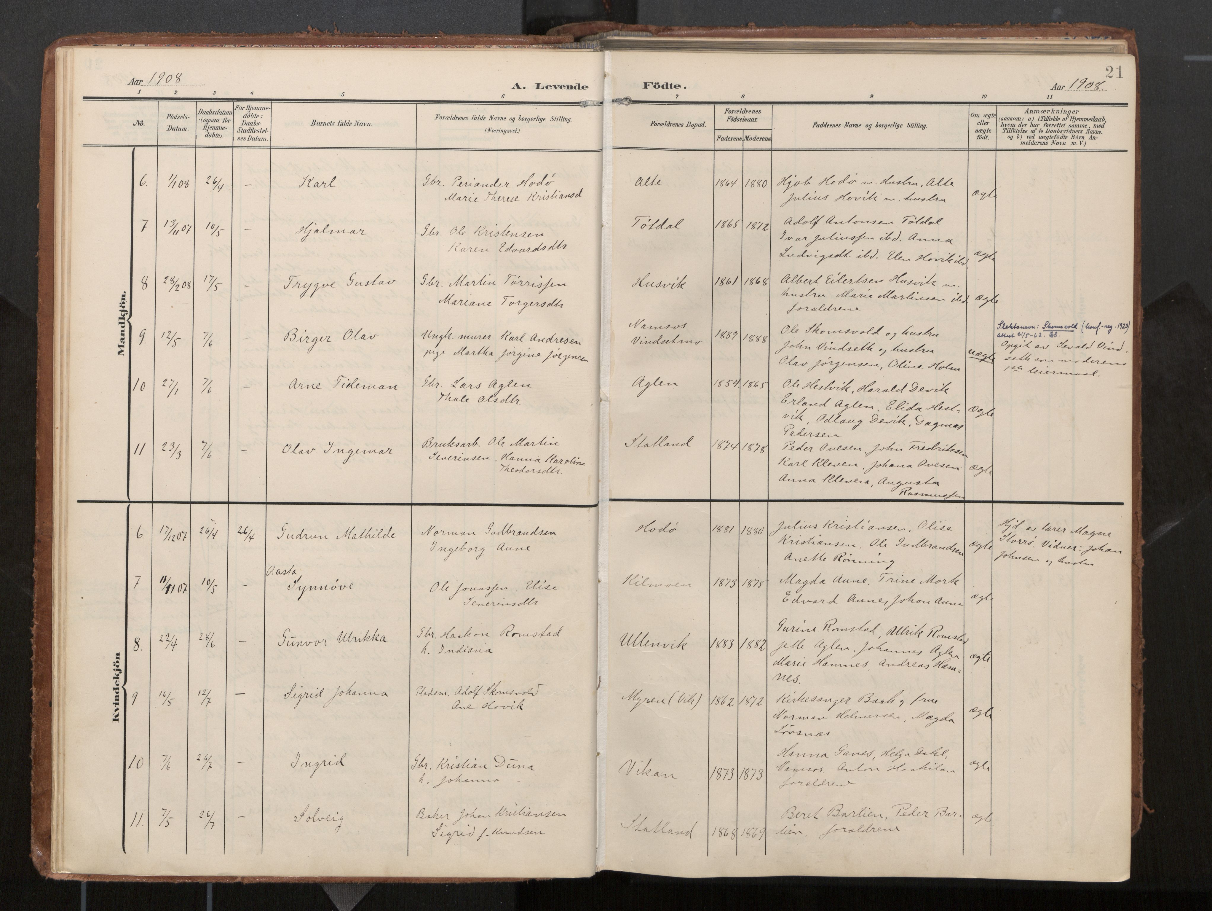 Ministerialprotokoller, klokkerbøker og fødselsregistre - Nord-Trøndelag, AV/SAT-A-1458/774/L0629: Parish register (official), 1904-1926, p. 21