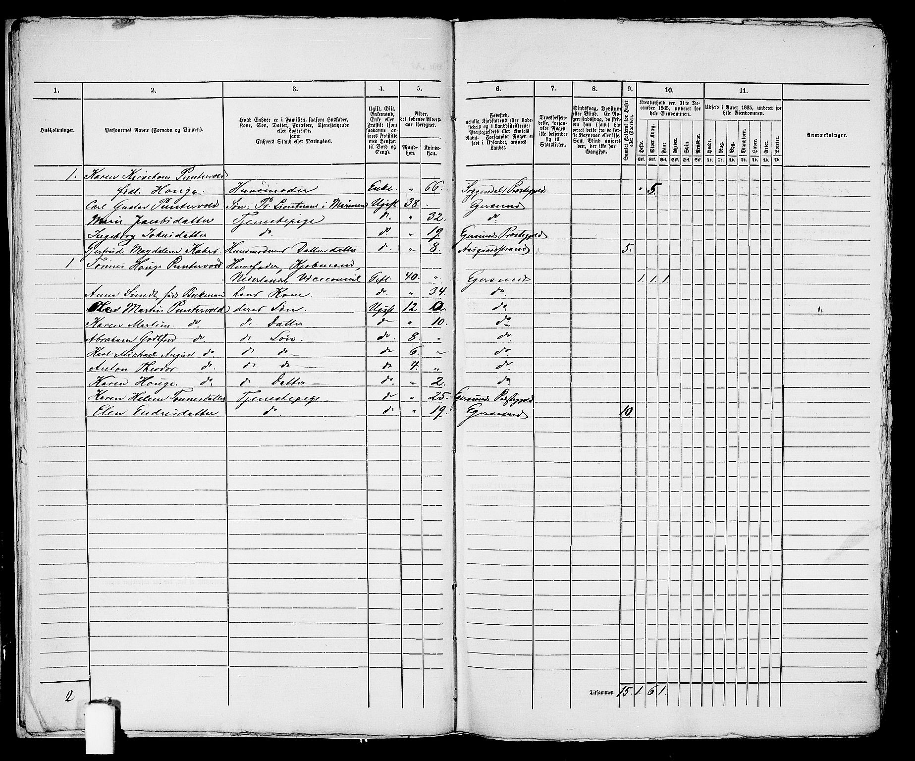 RA, 1865 census for Eigersund parish, Egersund town, 1865, p. 19