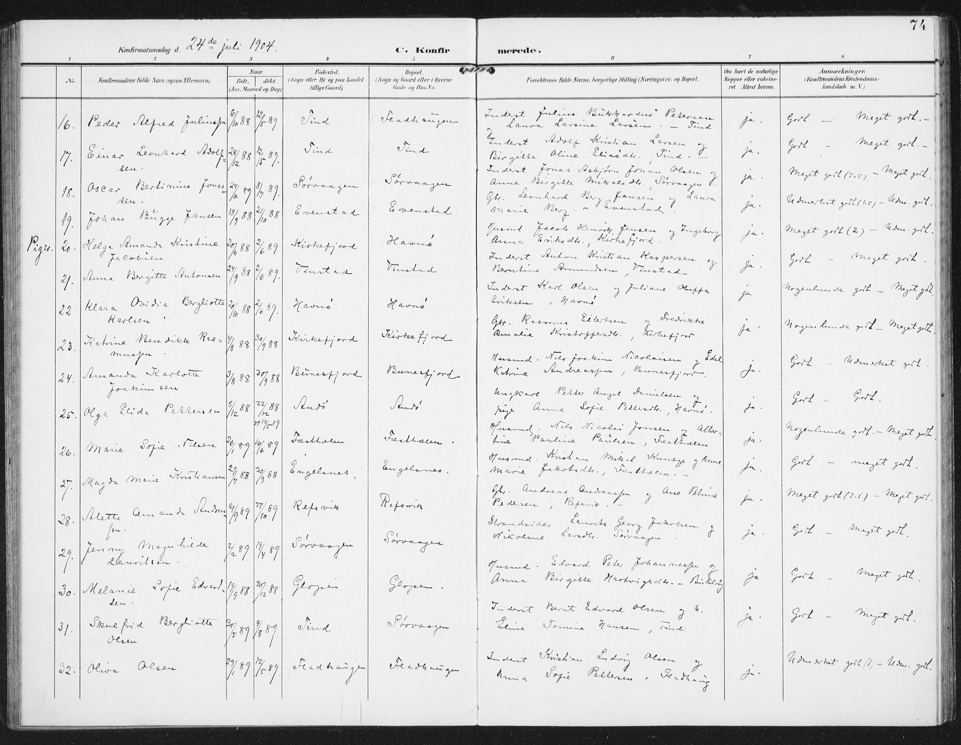 Ministerialprotokoller, klokkerbøker og fødselsregistre - Nordland, SAT/A-1459/886/L1221: Parish register (official) no. 886A03, 1903-1913, p. 74