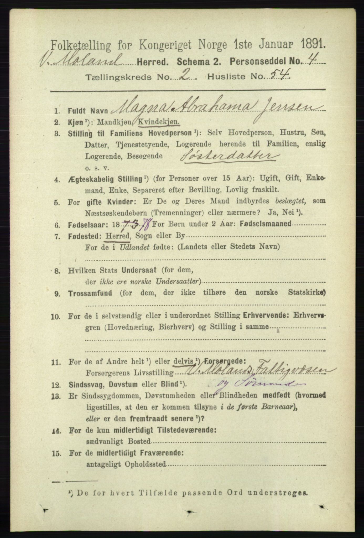 RA, 1891 census for 0926 Vestre Moland, 1891, p. 907