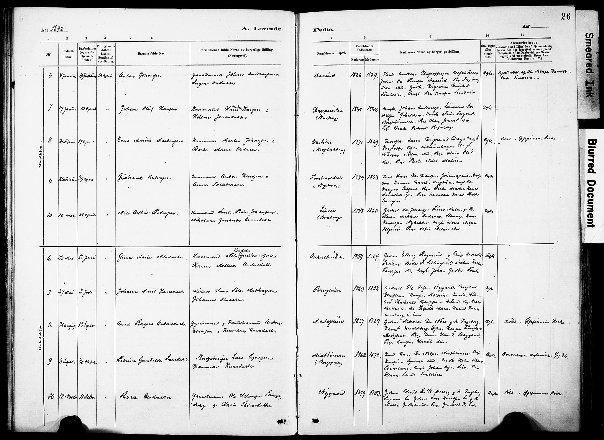 Nordre Land prestekontor, SAH/PREST-124/H/Ha/Haa/L0005: Parish register (official) no. 5, 1882-1903, p. 26