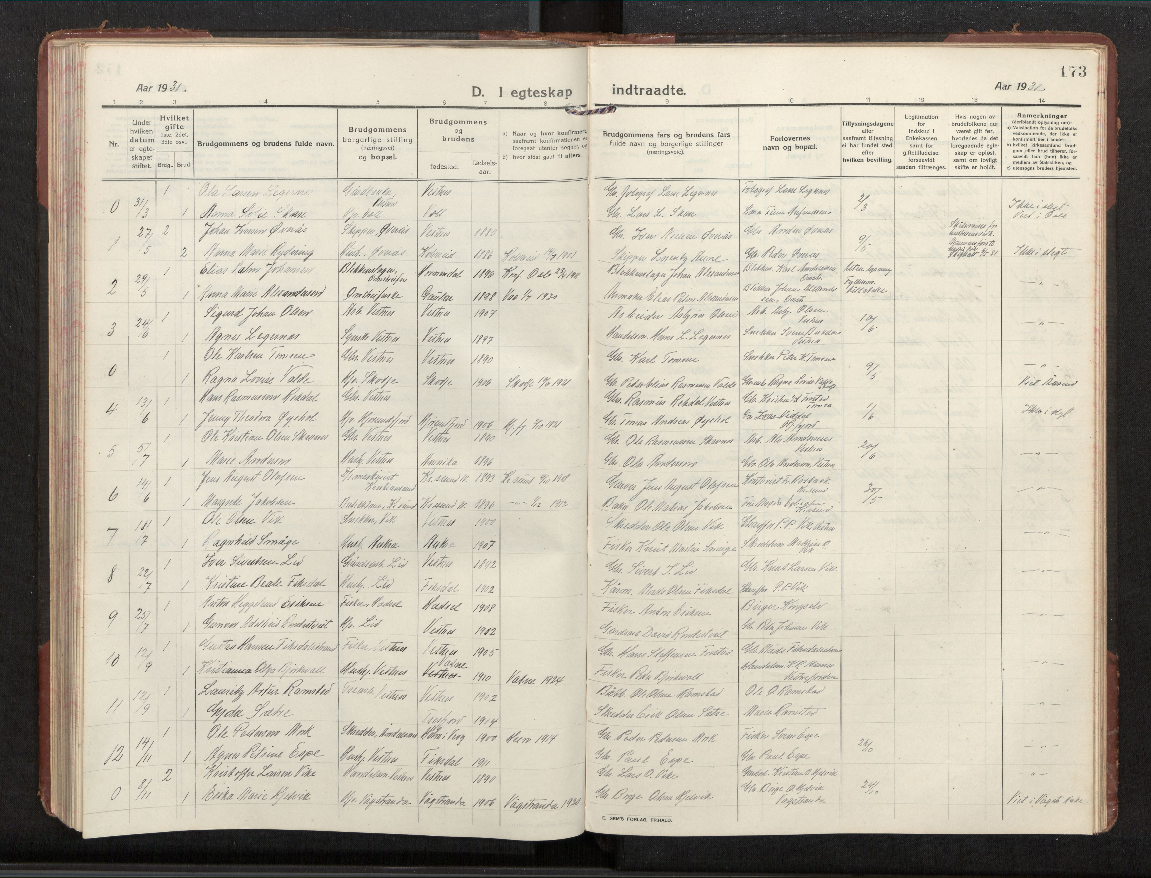 Ministerialprotokoller, klokkerbøker og fødselsregistre - Møre og Romsdal, SAT/A-1454/539/L0536a: Parish register (copy) no. 539C03, 1912-1936, p. 173