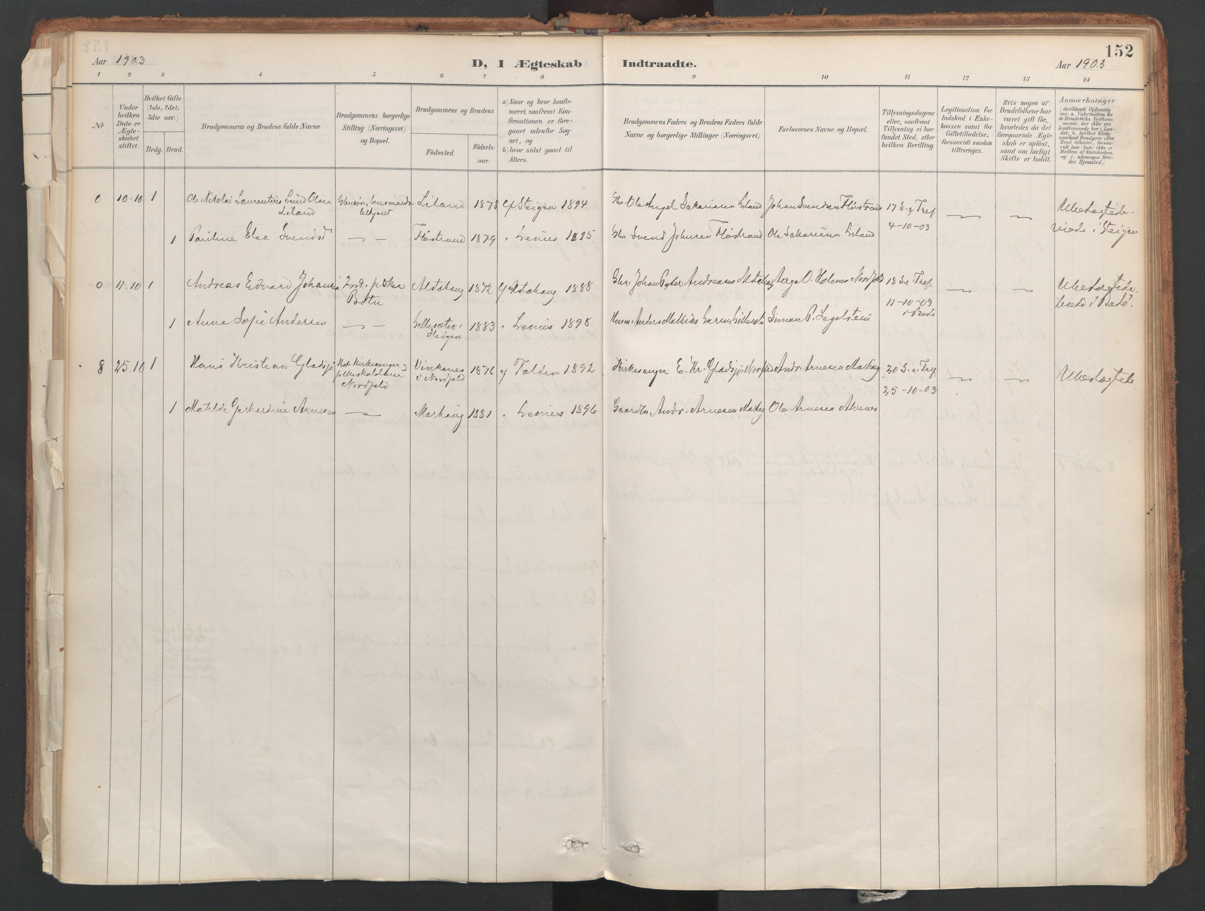 Ministerialprotokoller, klokkerbøker og fødselsregistre - Nordland, AV/SAT-A-1459/857/L0822: Parish register (official) no. 857A02, 1890-1917, p. 152