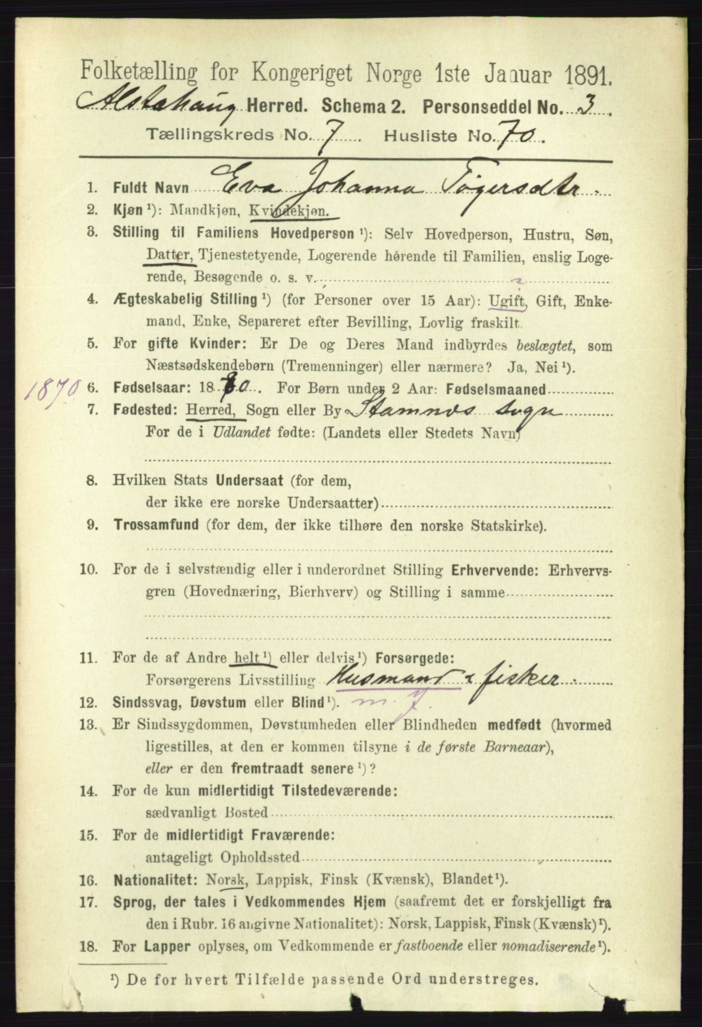 RA, 1891 census for 1820 Alstahaug, 1891, p. 2852