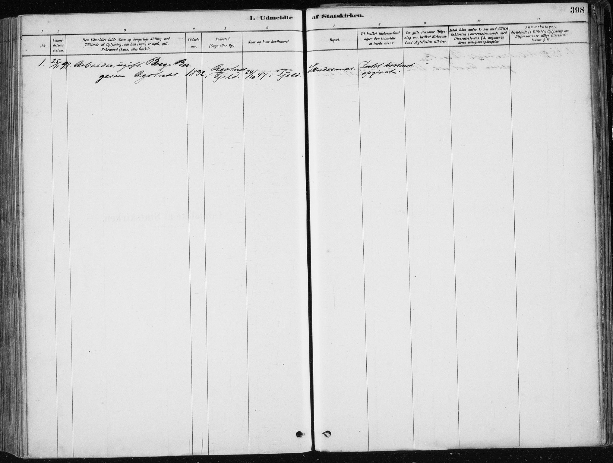 Fjell sokneprestembete, SAB/A-75301/H/Haa: Parish register (official) no. A  8, 1878-1898, p. 398