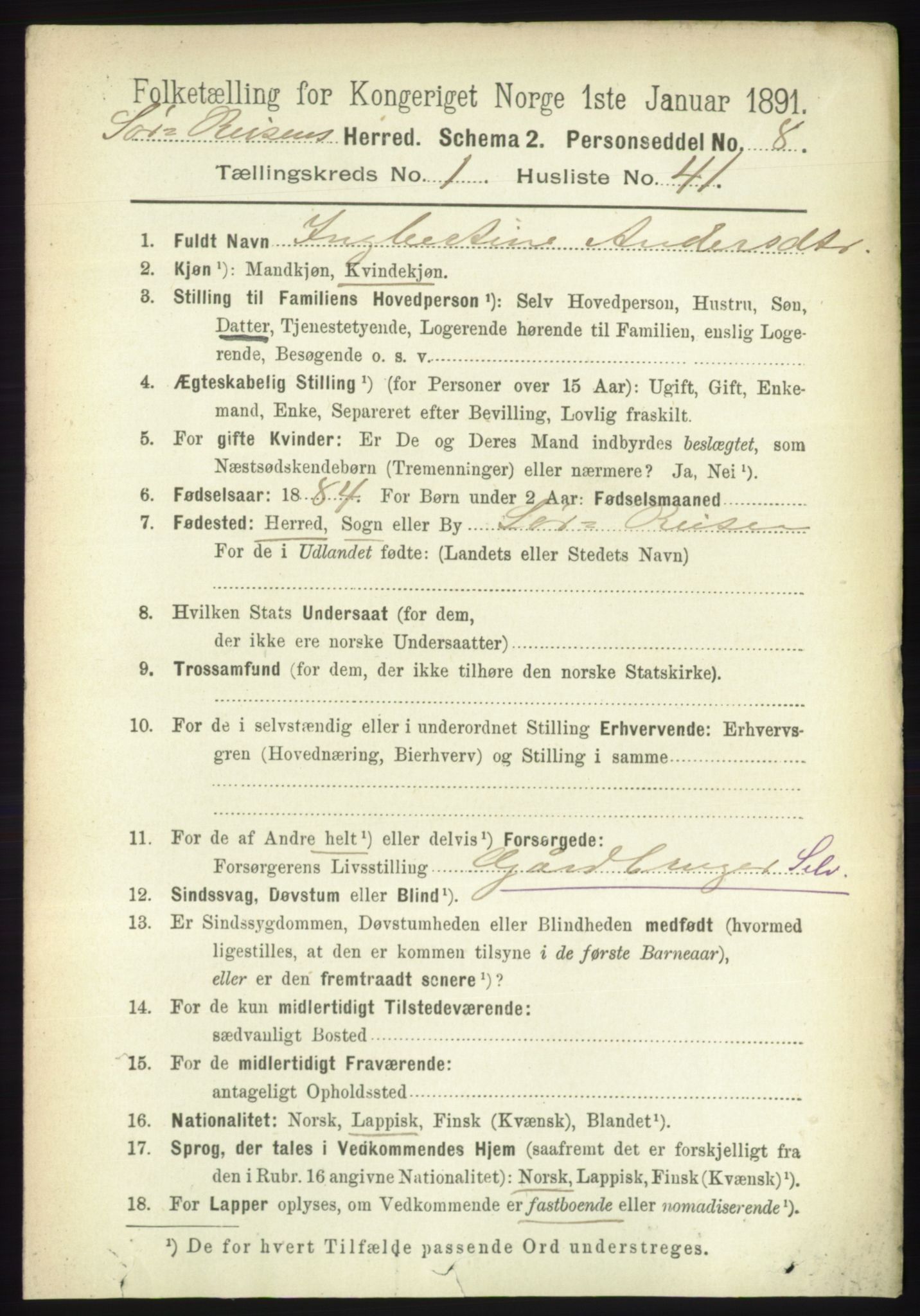 RA, 1891 census for 1925 Sørreisa, 1891, p. 329