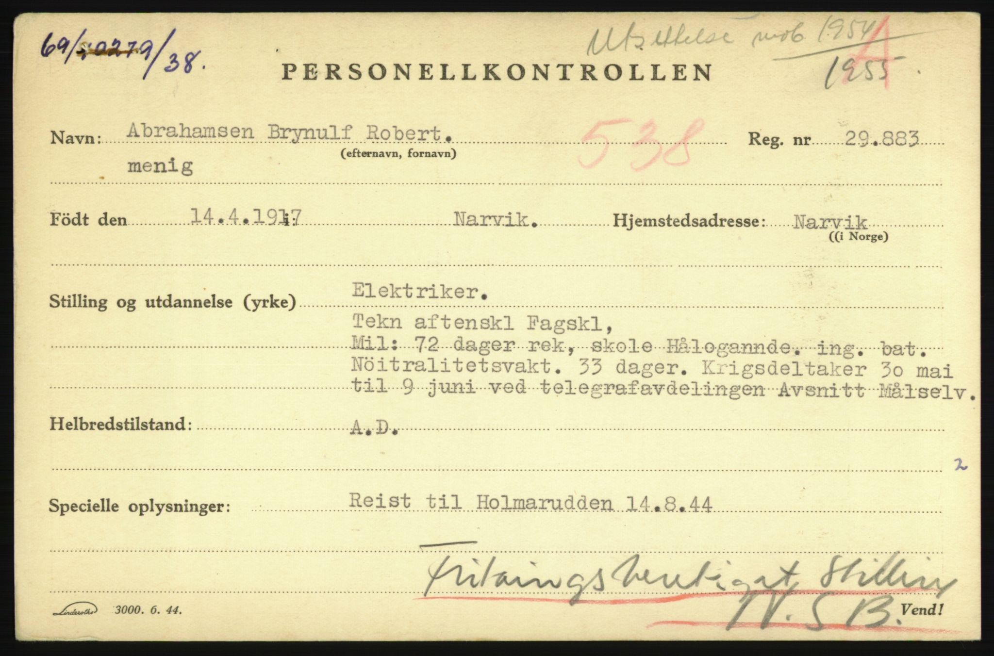 Forsvaret, Nord-Hålogaland infanteriregiment nr. 15, AV/RA-RAFA-2255/P/Pa/L0027: Rulleblad for menige mannskaper. Årsklasse 1938, A-J, Født: 1917 (1918), 1938, p. 6