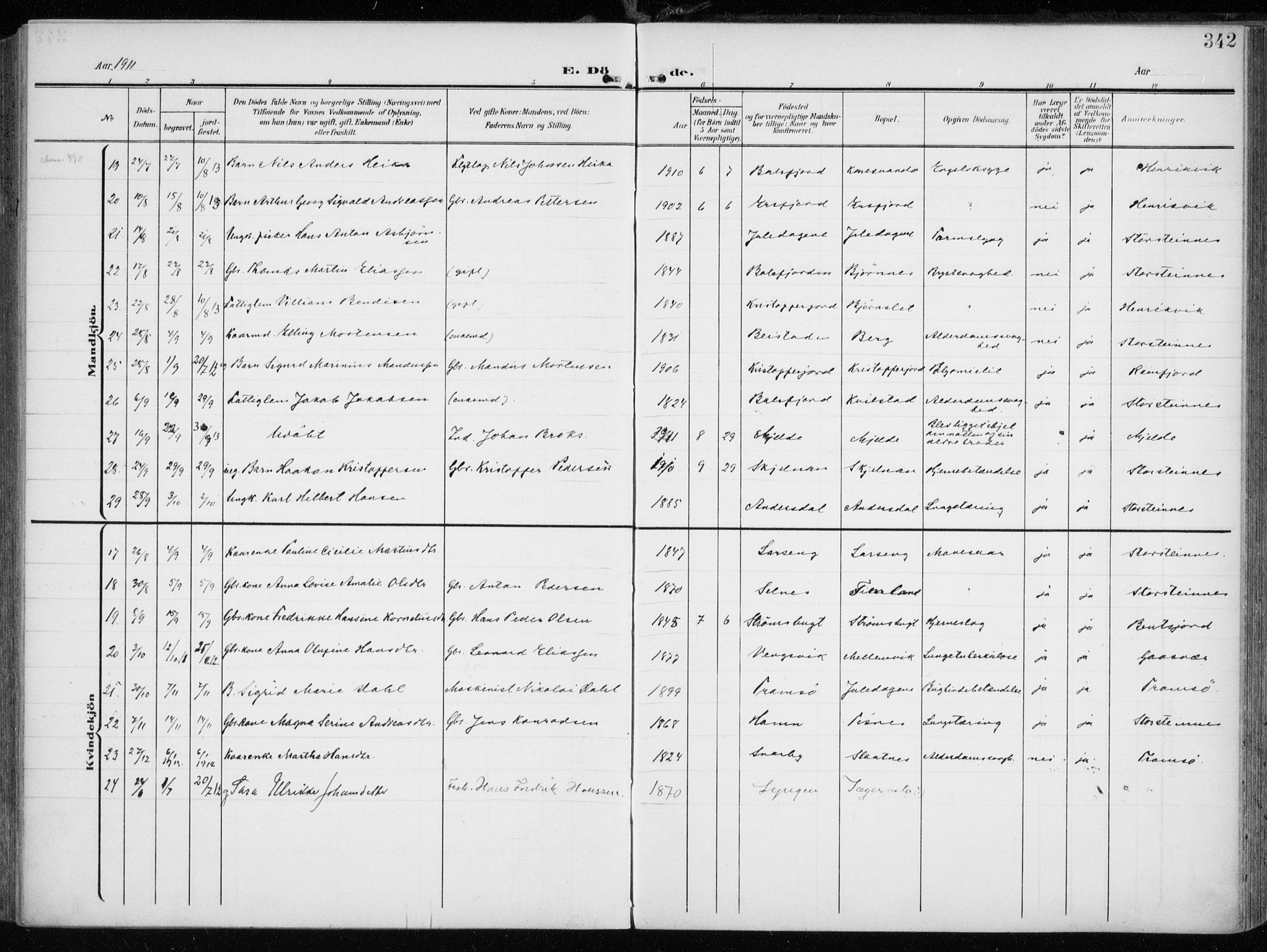 Tromsøysund sokneprestkontor, AV/SATØ-S-1304/G/Ga/L0007kirke: Parish register (official) no. 7, 1907-1914, p. 342