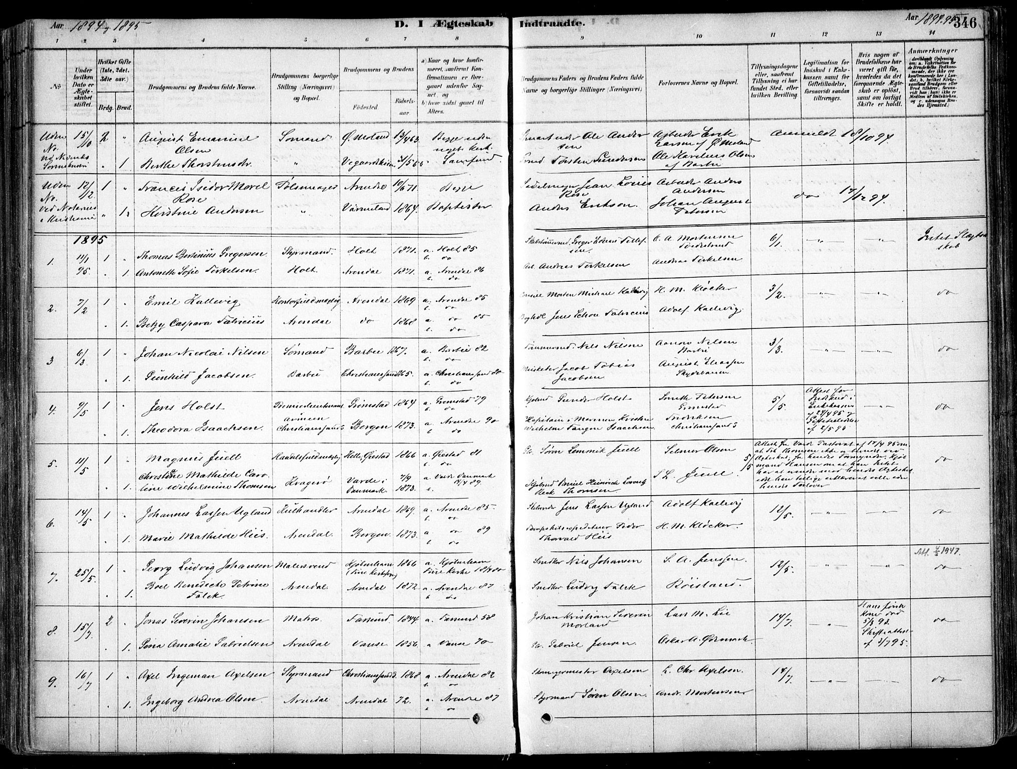 Arendal sokneprestkontor, Trefoldighet, SAK/1111-0040/F/Fa/L0008: Parish register (official) no. A 8, 1878-1899, p. 346