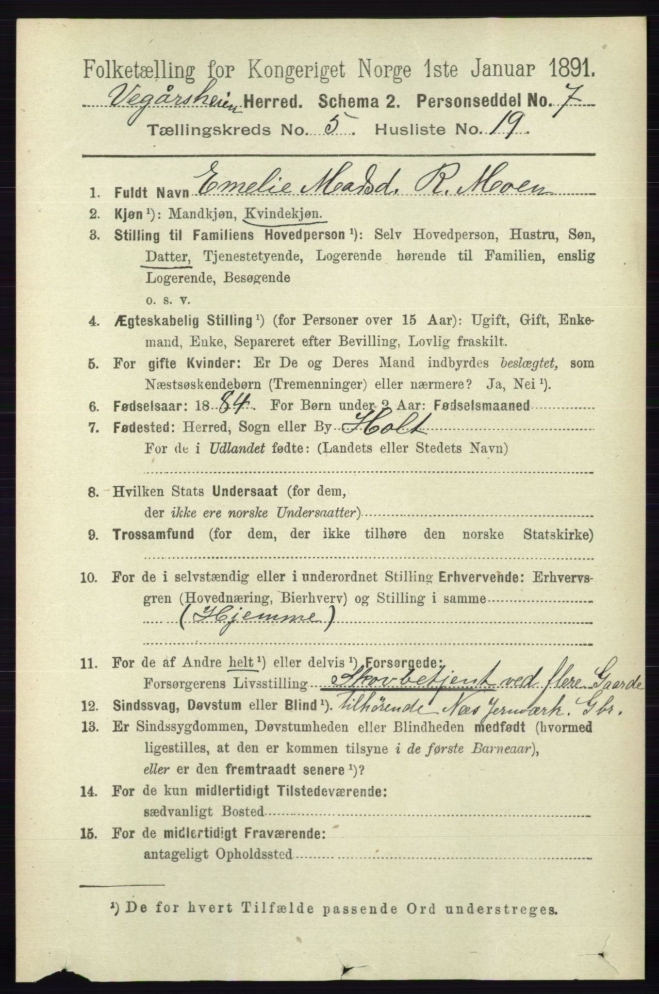 RA, 1891 census for 0912 Vegårshei, 1891, p. 1112