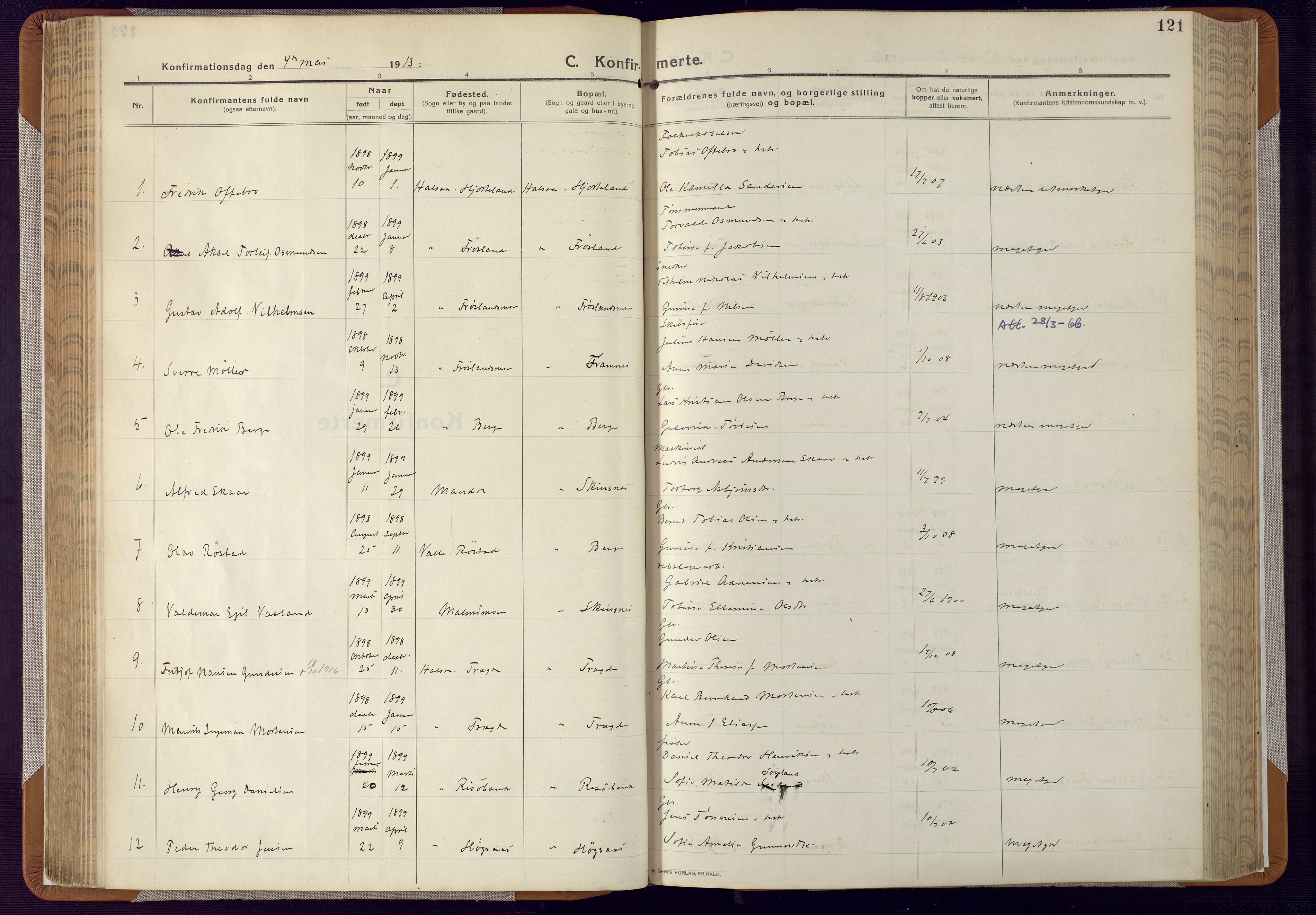 Mandal sokneprestkontor, AV/SAK-1111-0030/F/Fa/Faa/L0022: Parish register (official) no. A 22, 1913-1925, p. 121