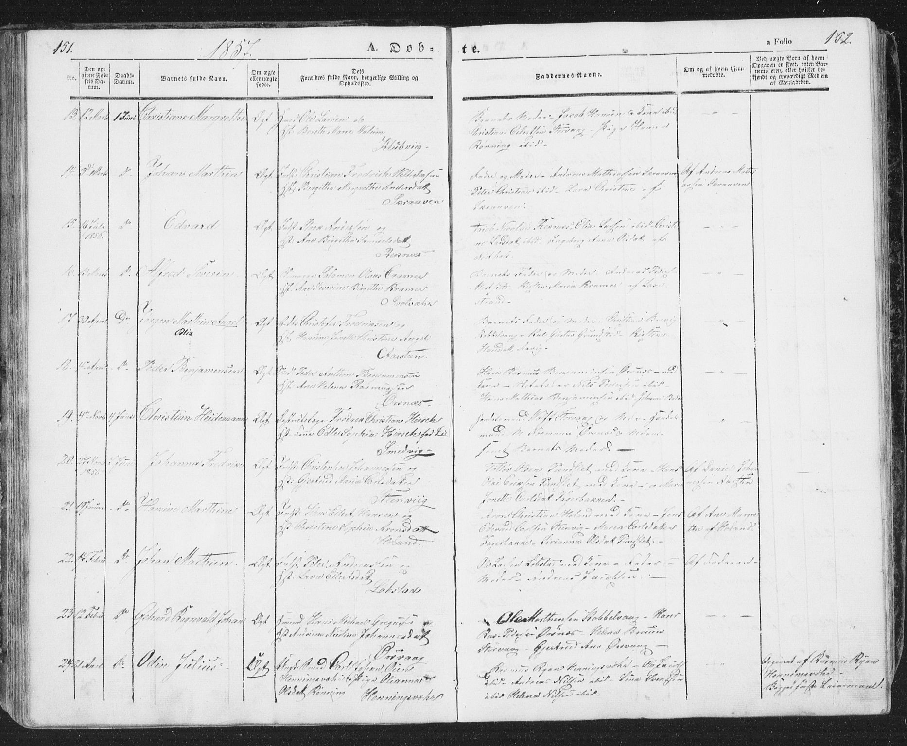 Ministerialprotokoller, klokkerbøker og fødselsregistre - Nordland, AV/SAT-A-1459/874/L1072: Parish register (copy) no. 874C01, 1843-1859, p. 151-152