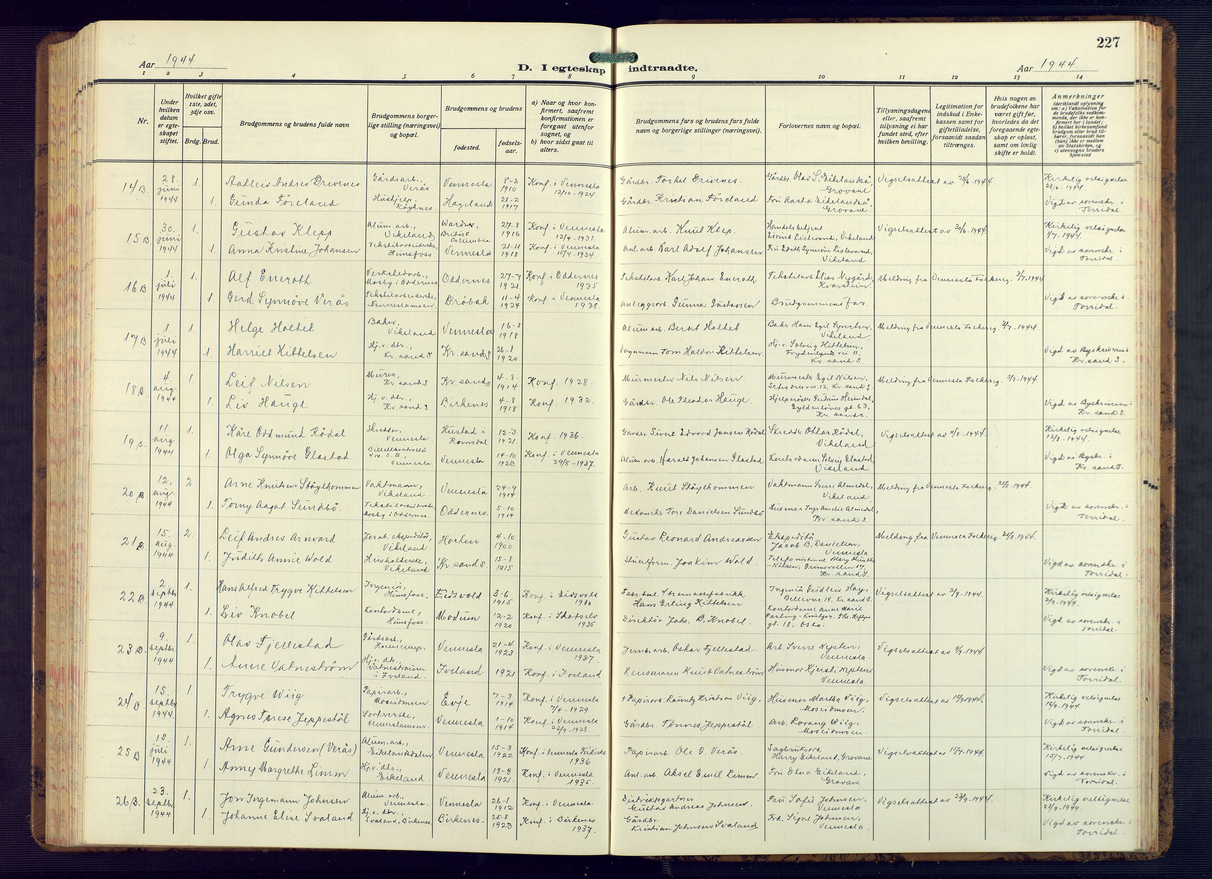 Vennesla sokneprestkontor, AV/SAK-1111-0045/Fb/Fbb/L0008: Parish register (copy) no. B 8, 1934-1947, p. 227