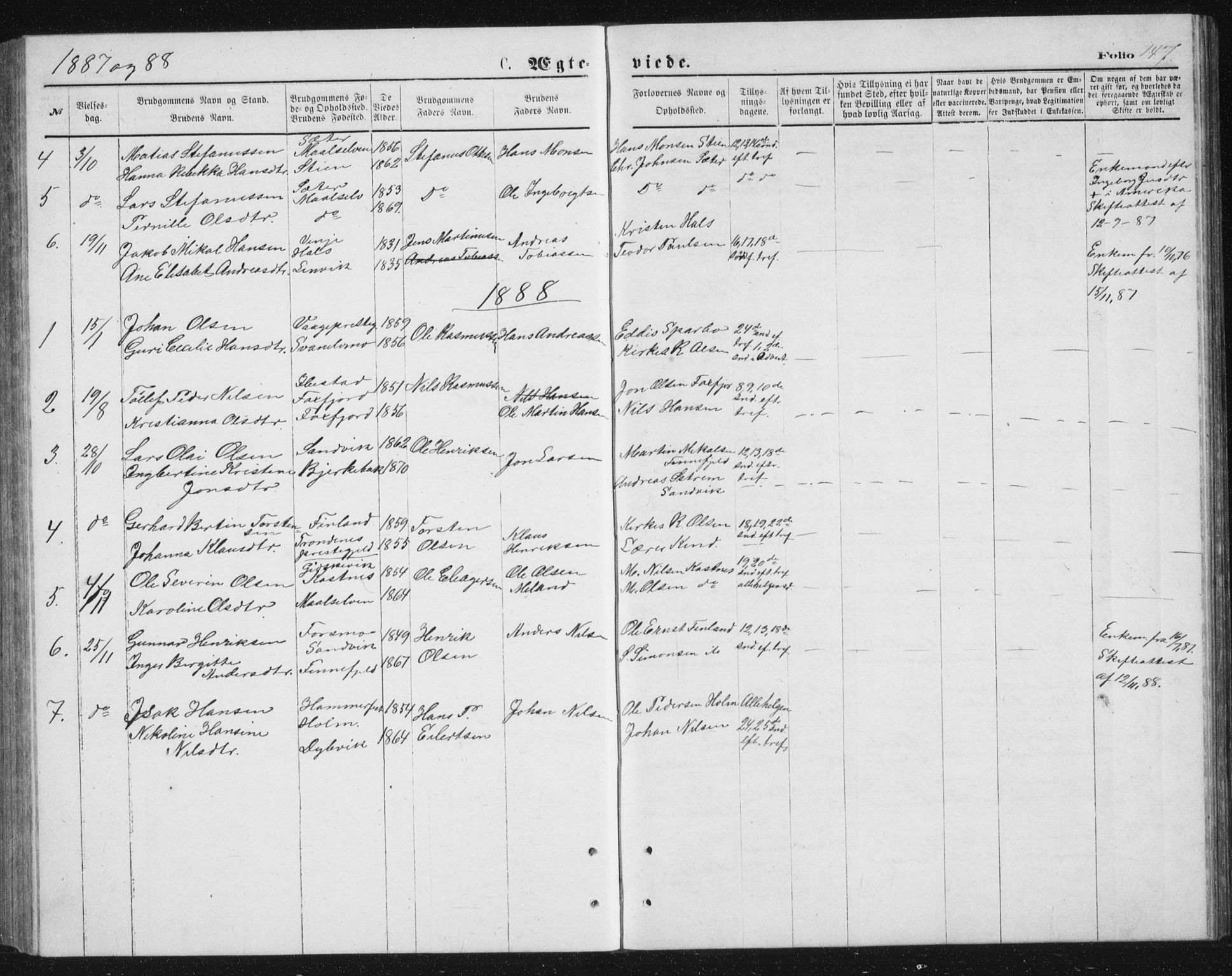 Tranøy sokneprestkontor, SATØ/S-1313/I/Ia/Iab/L0013klokker: Parish register (copy) no. 13, 1874-1896, p. 147