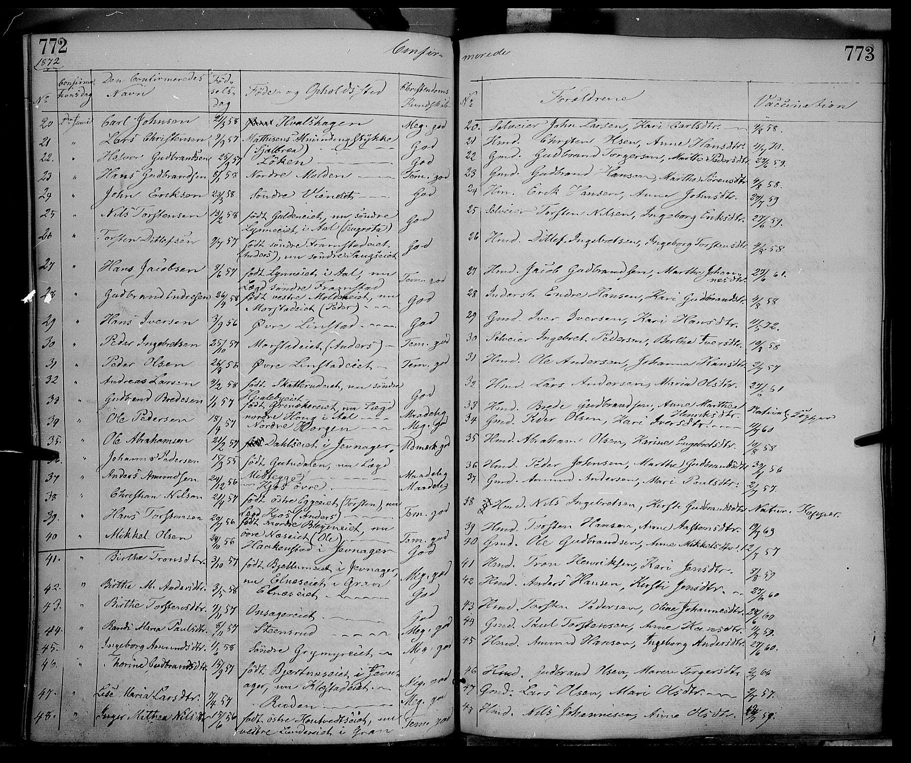 Gran prestekontor, AV/SAH-PREST-112/H/Ha/Haa/L0012: Parish register (official) no. 12, 1856-1874, p. 772-773