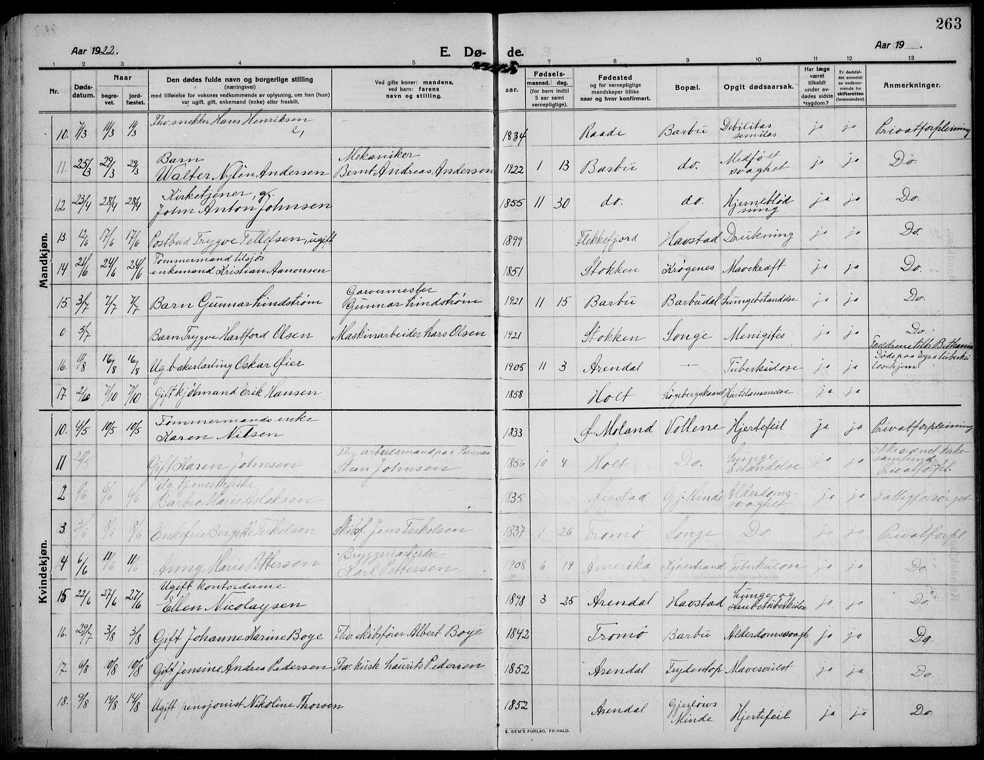 Barbu sokneprestkontor, AV/SAK-1111-0003/F/Fb/L0004: Parish register (copy) no. B 4, 1911-1936, p. 263