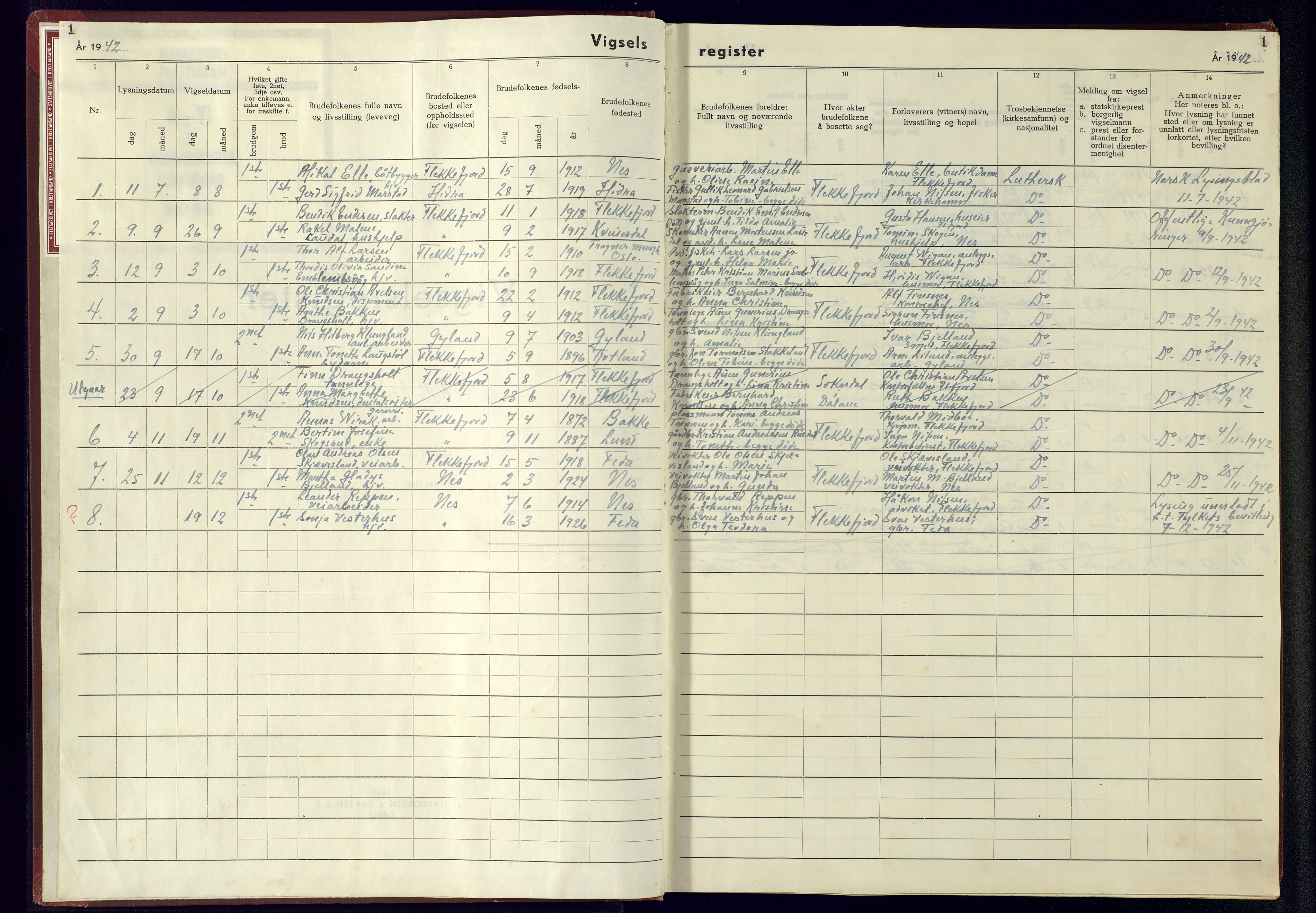 Flekkefjord sokneprestkontor, AV/SAK-1111-0012/J/Jb/L0004: Marriage register no. A-VI-5, 1942-1945, p. 1