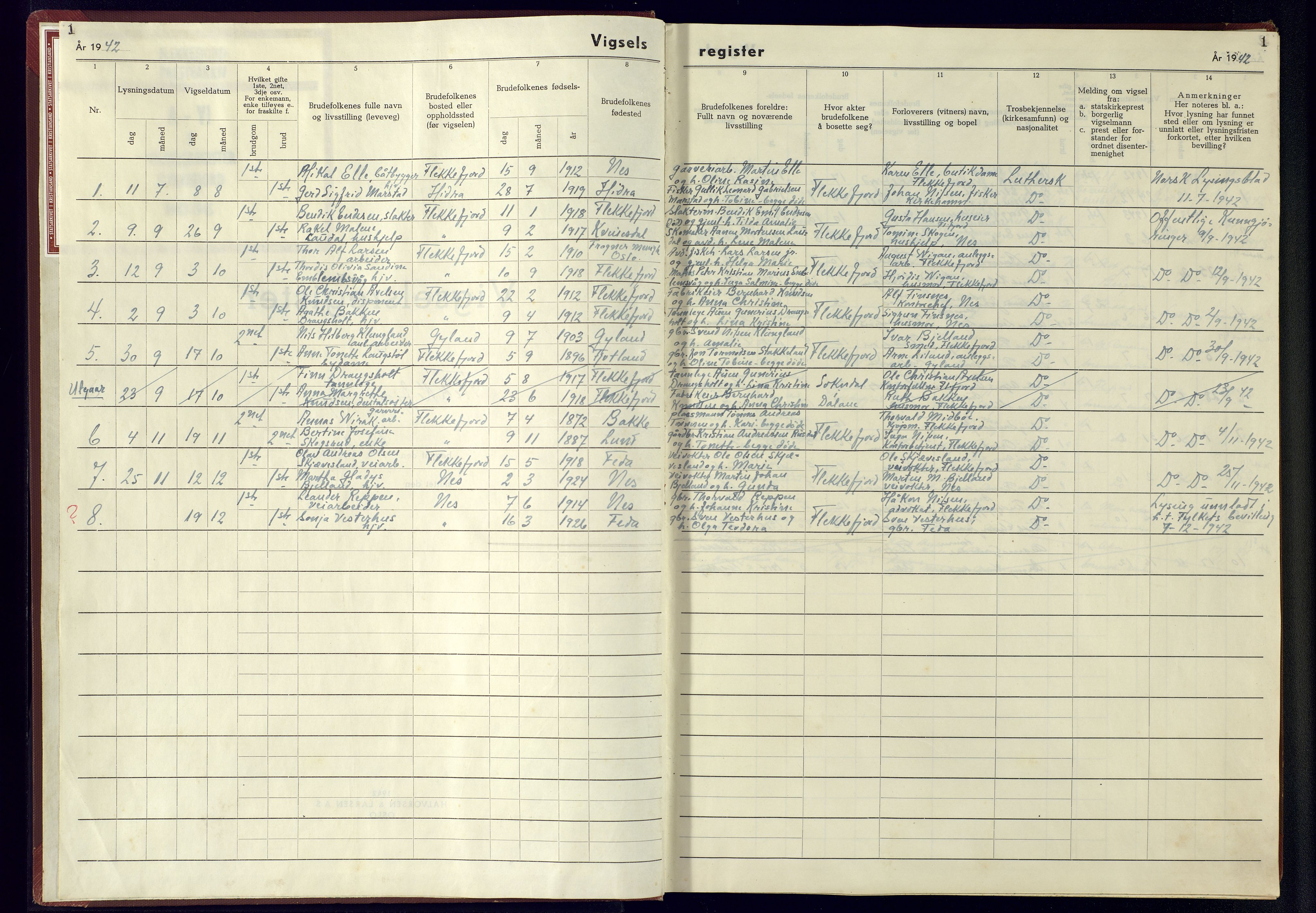 Flekkefjord sokneprestkontor, SAK/1111-0012/J/Jb/L0004: Marriage register no. A-VI-5, 1942-1945, p. 1