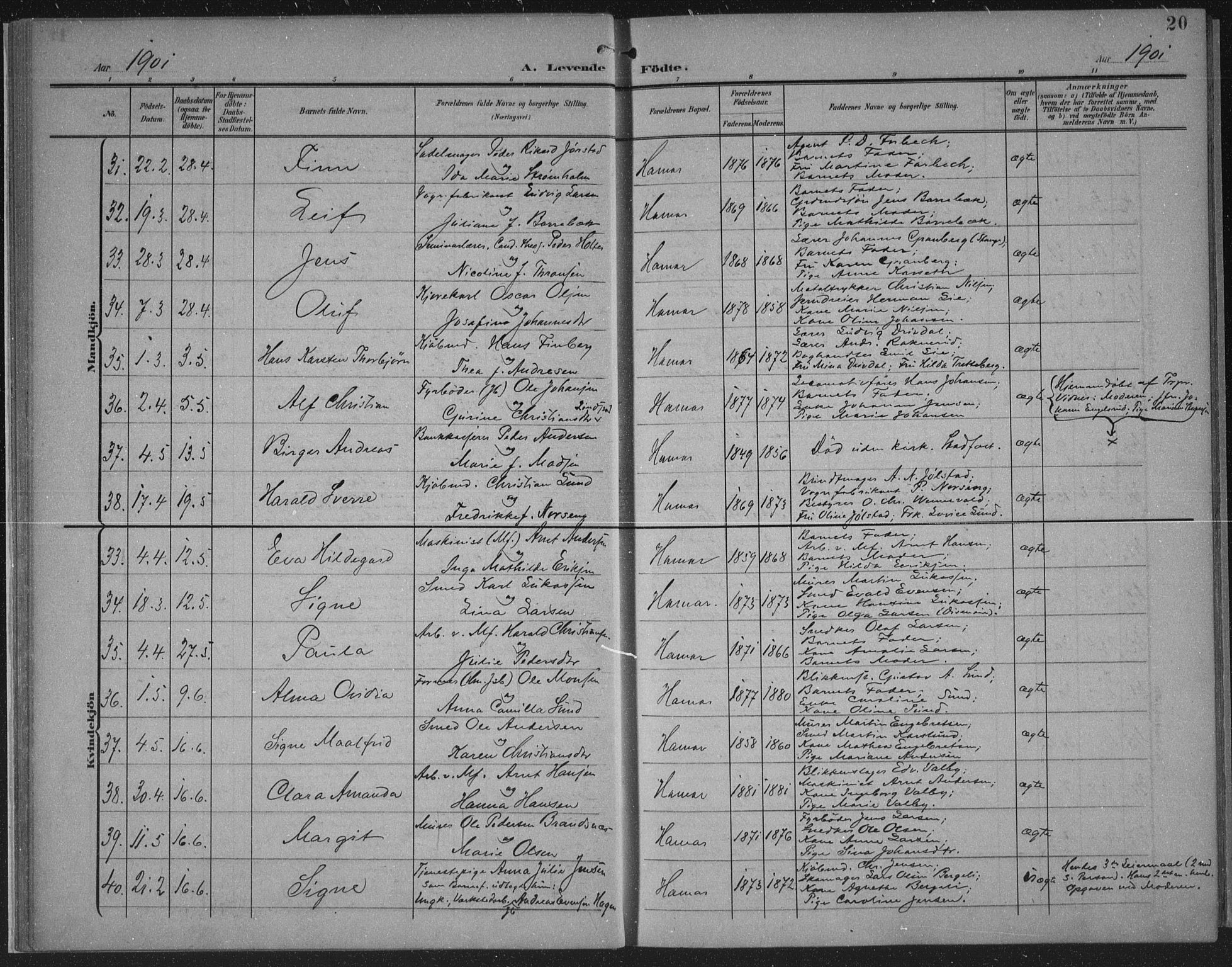 Hamar prestekontor, AV/SAH-DOMPH-002/H/Ha/Haa/L0001: Parish register (official) no. 1, 1900-1914, p. 20