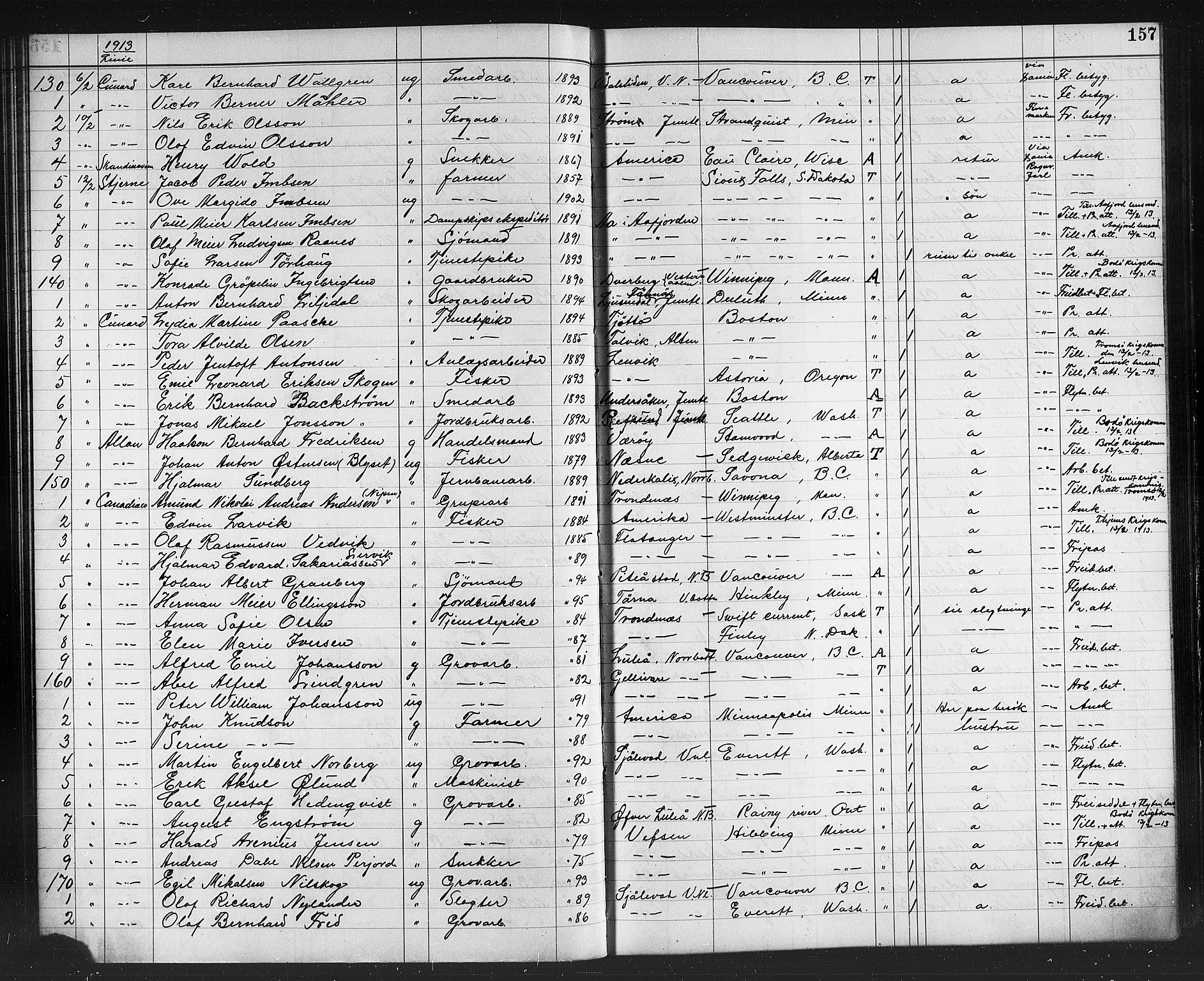 Trondheim politikammer, AV/SAT-A-1887/1/32/L0015: Emigrantprotokoll XIV, 1911-1916, p. 157