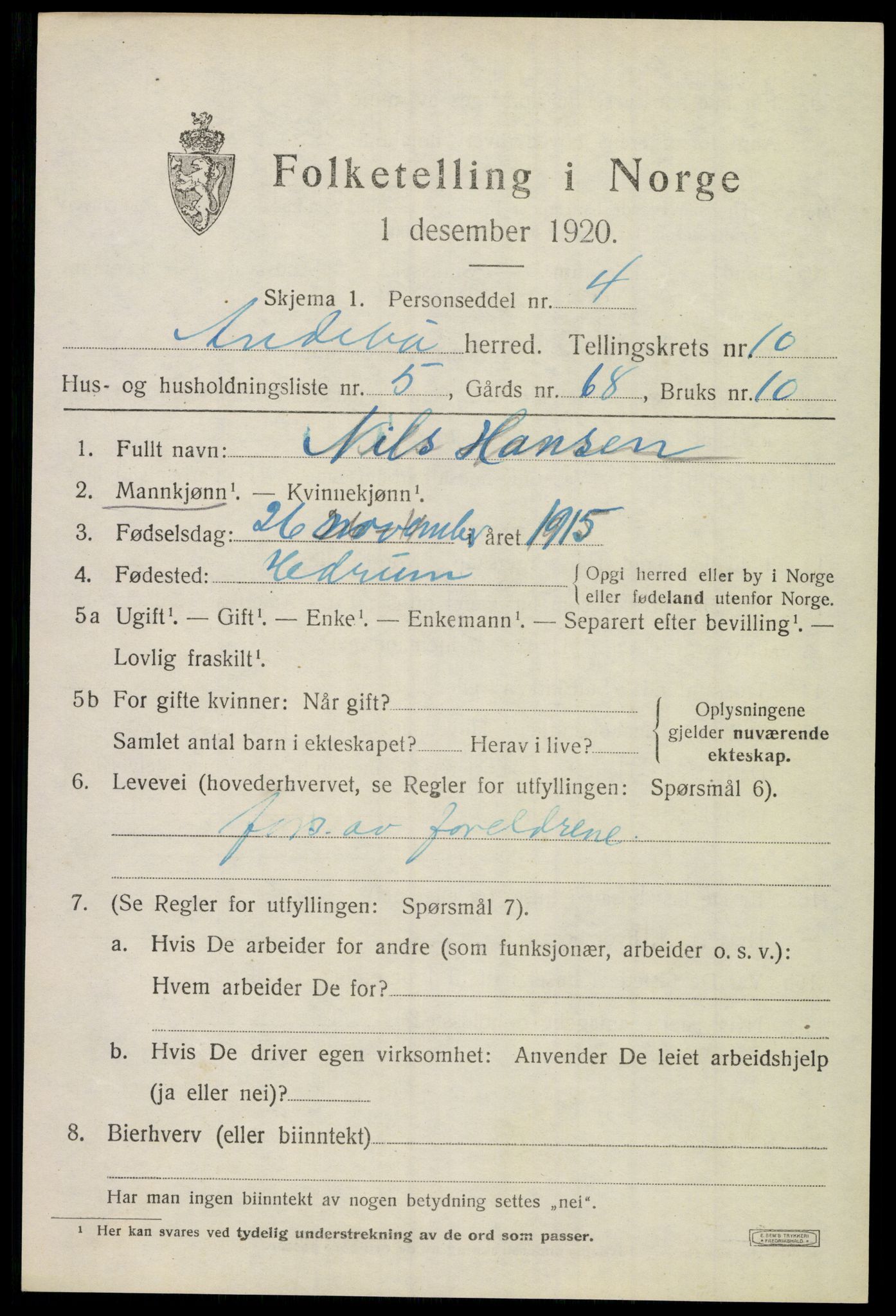 SAKO, 1920 census for Andebu, 1920, p. 4108