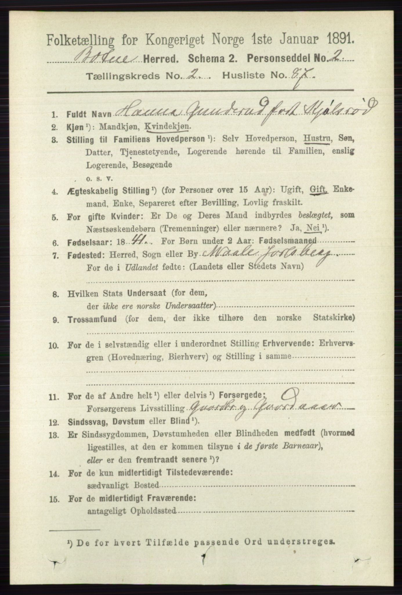 RA, 1891 census for 0715 Botne, 1891, p. 1155