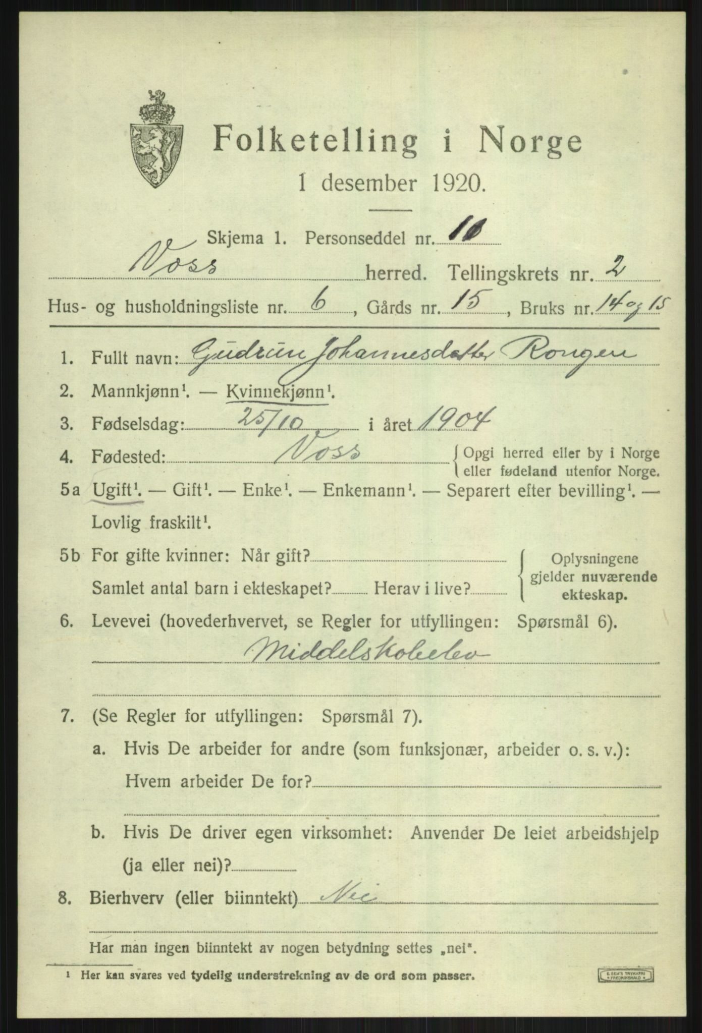 SAB, 1920 census for Voss, 1920, p. 3523