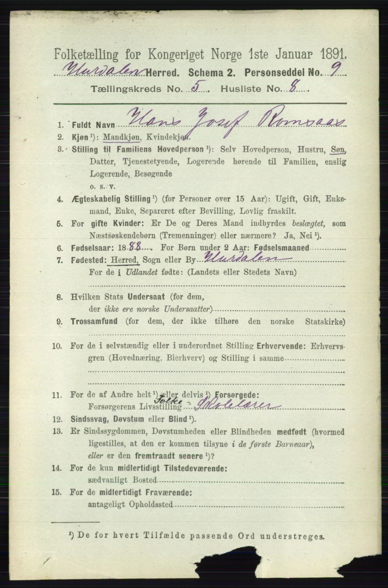 RA, 1891 census for 0239 Hurdal, 1891, p. 2126