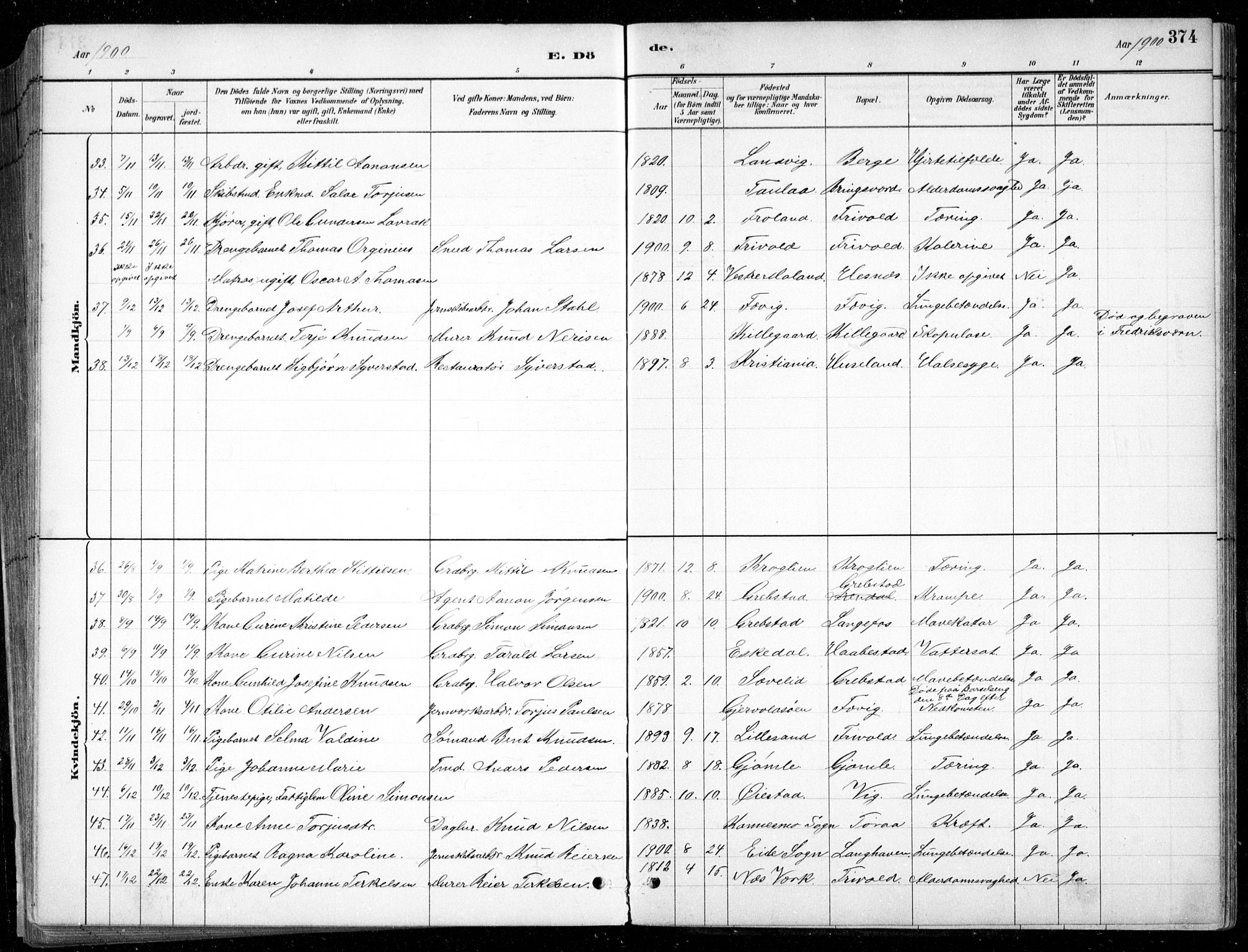 Fjære sokneprestkontor, AV/SAK-1111-0011/F/Fb/L0011: Parish register (copy) no. B 11, 1881-1905, p. 374