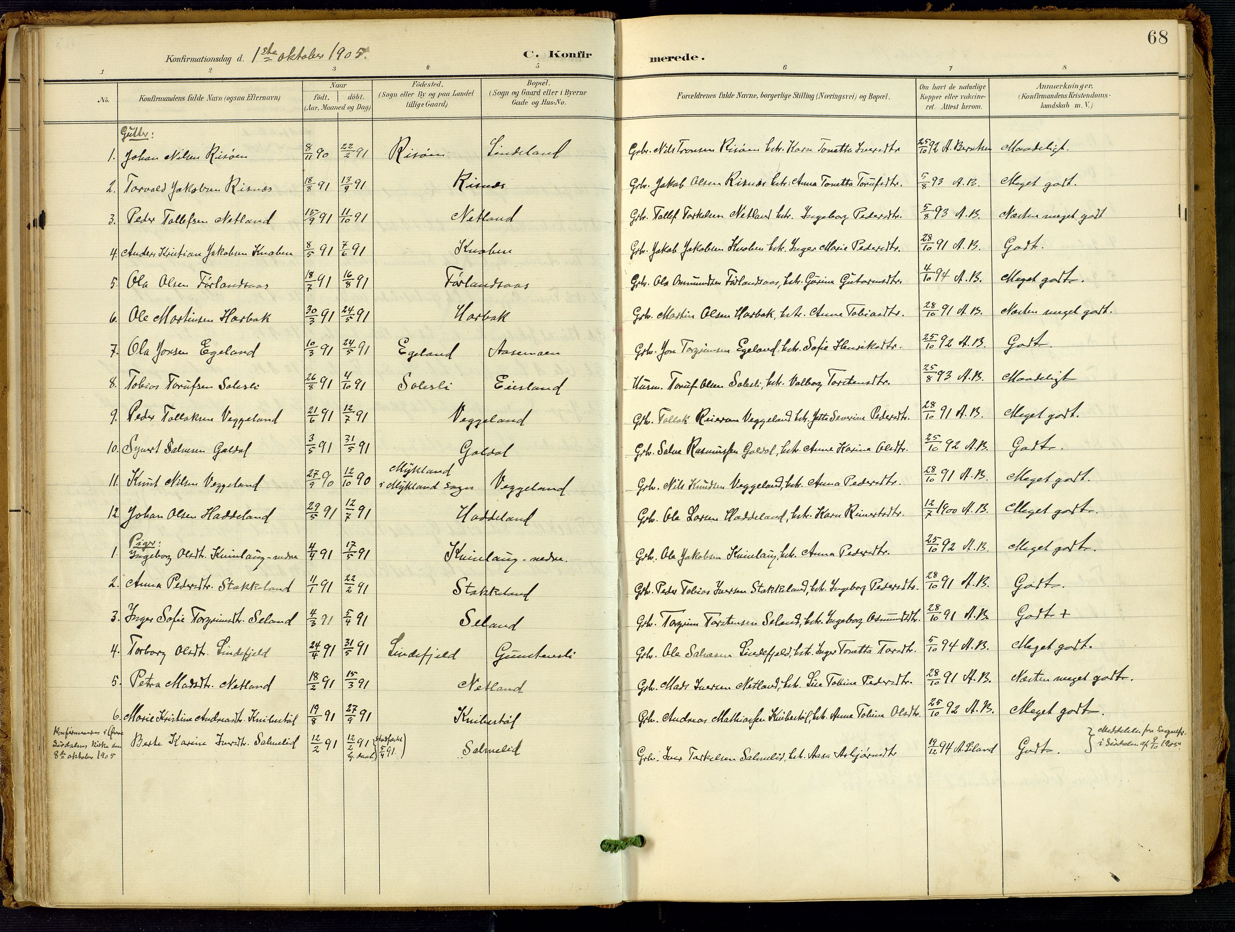 Fjotland sokneprestkontor, SAK/1111-0010/F/Fa/L0003: Parish register (official) no. A 3, 1899-1917, p. 68