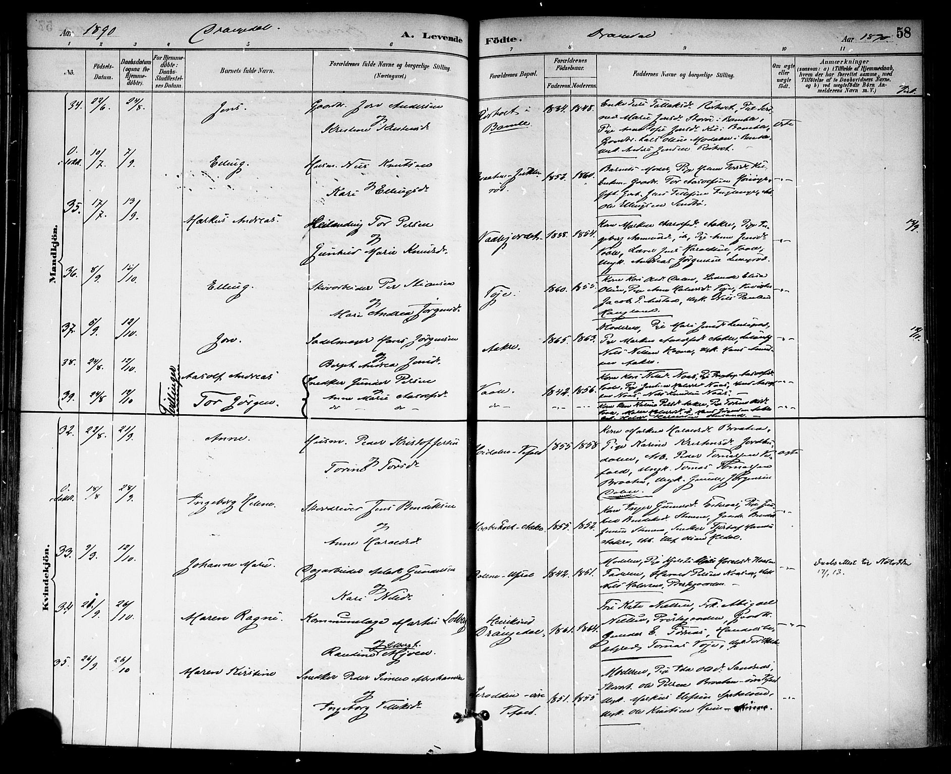 Drangedal kirkebøker, AV/SAKO-A-258/F/Fa/L0010: Parish register (official) no. 10 /1, 1885-1894, p. 58