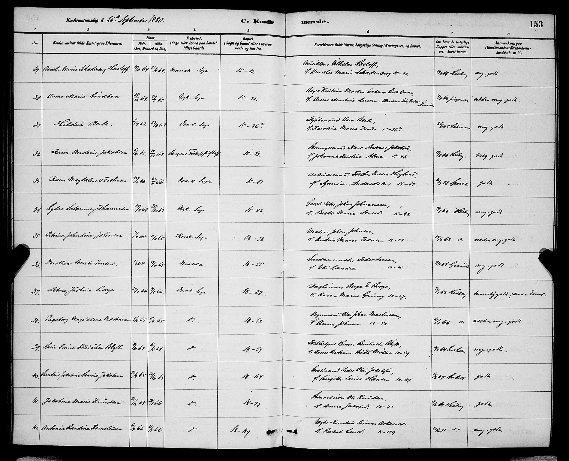 Domkirken sokneprestembete, SAB/A-74801/H/Hab/L0024: Parish register (copy) no. C 4, 1880-1899, p. 153