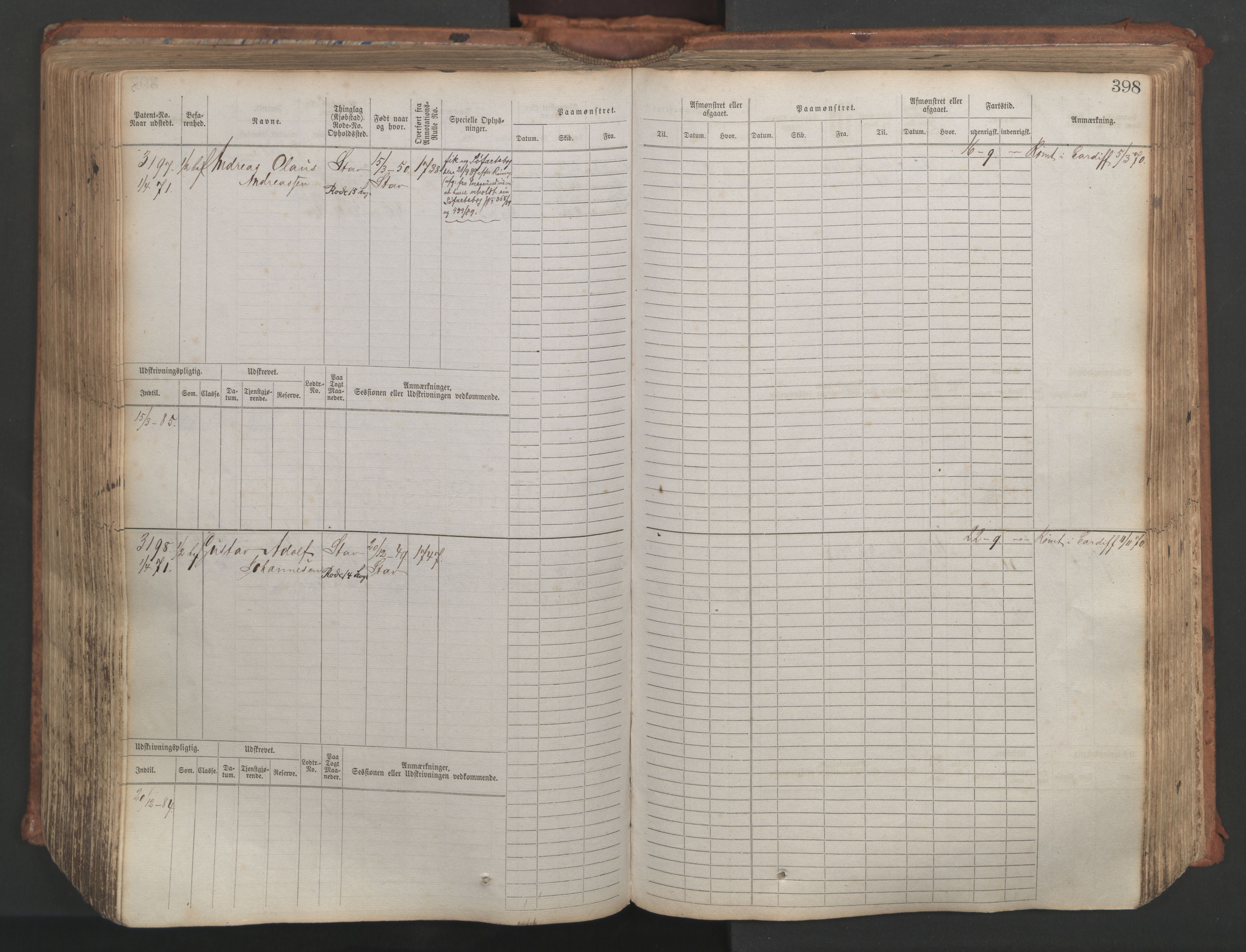 Stavanger sjømannskontor, AV/SAST-A-102006/F/Fb/Fbb/L0007: Sjøfartshovedrulle, patentnr. 2403-3604, 1869-1880, p. 445