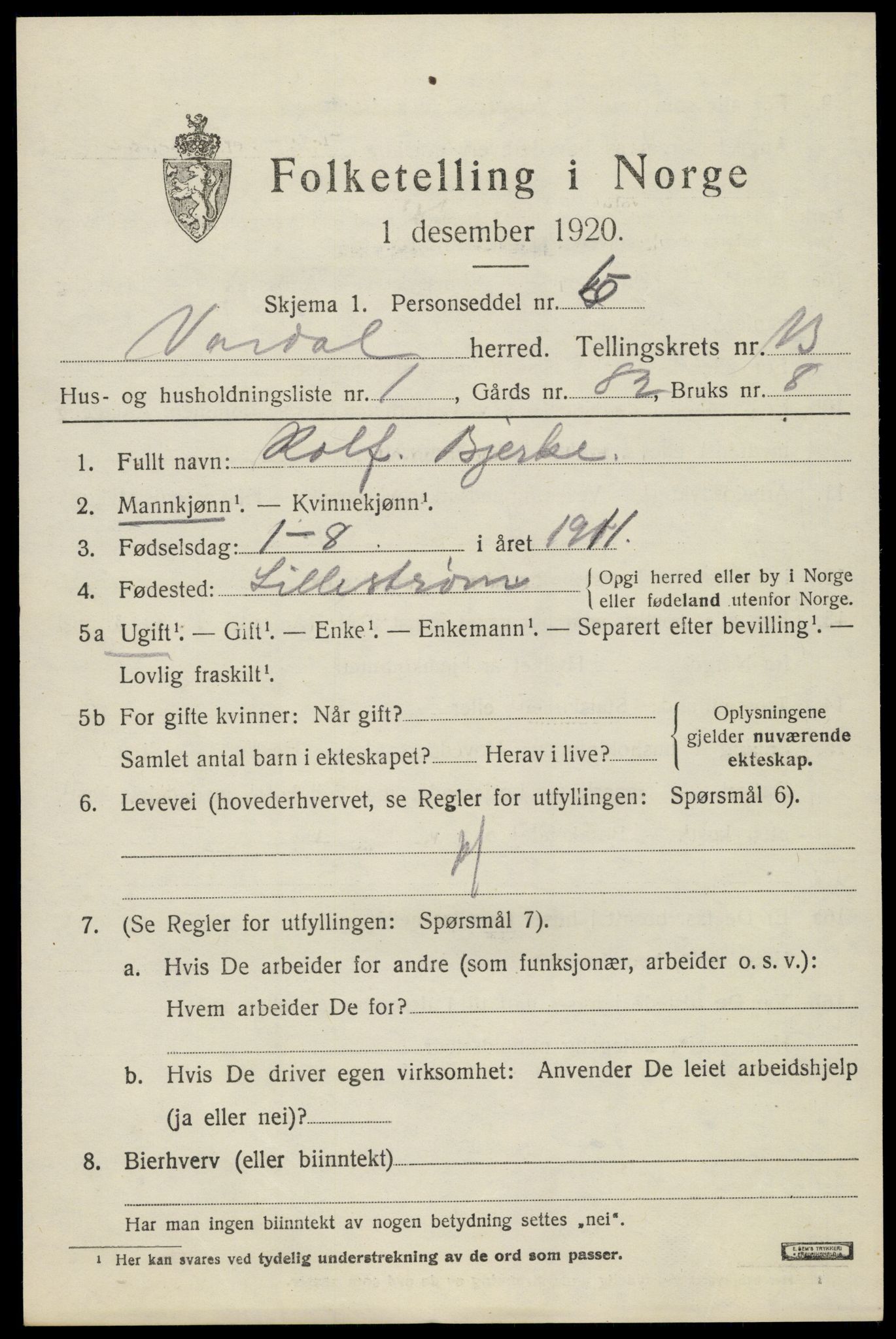 SAH, 1920 census for Vardal, 1920, p. 13807