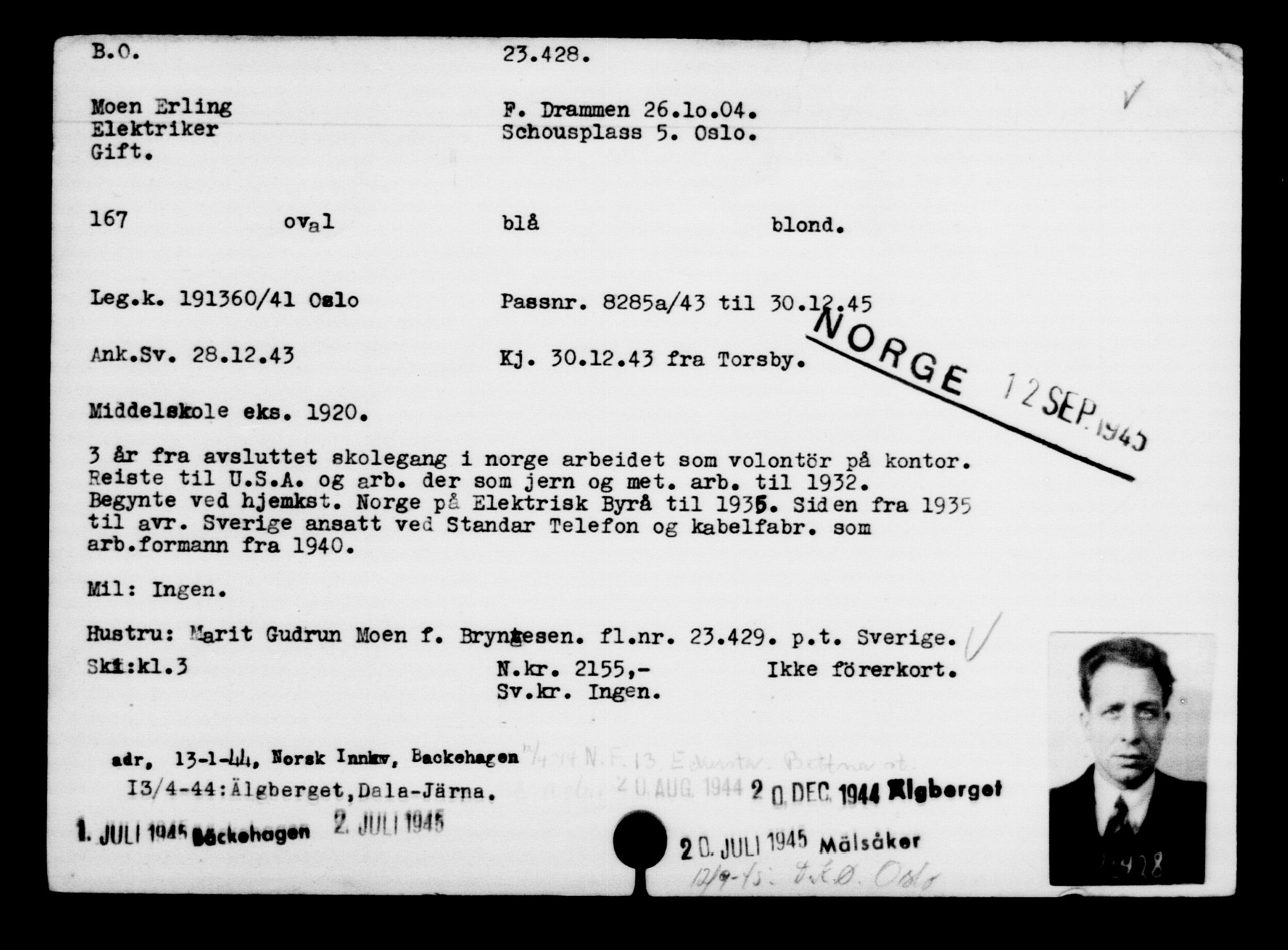 Utenriksstasjonene, Legasjonen i Stockholm, Flyktningkontoret, AV/RA-S-6753/V/Va/L0010: Kjesäterkartoteket, flyktninger med registreringsnr. 22000-25314, 1940-1945, p. 1523