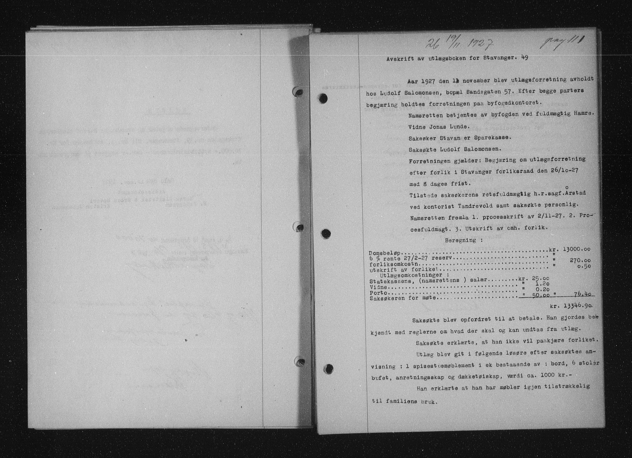 Stavanger byfogd, AV/SAST-A-101408/001/4/41/410/410BB/L0053: Mortgage book no. 41, 1927-1928, Deed date: 19.11.1927