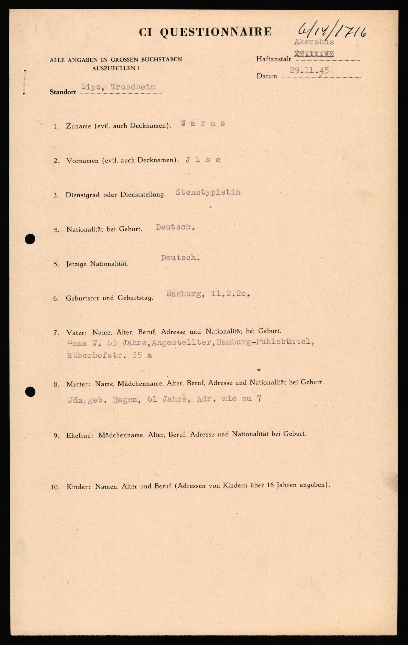 Forsvaret, Forsvarets overkommando II, AV/RA-RAFA-3915/D/Db/L0034: CI Questionaires. Tyske okkupasjonsstyrker i Norge. Tyskere., 1945-1946, p. 468