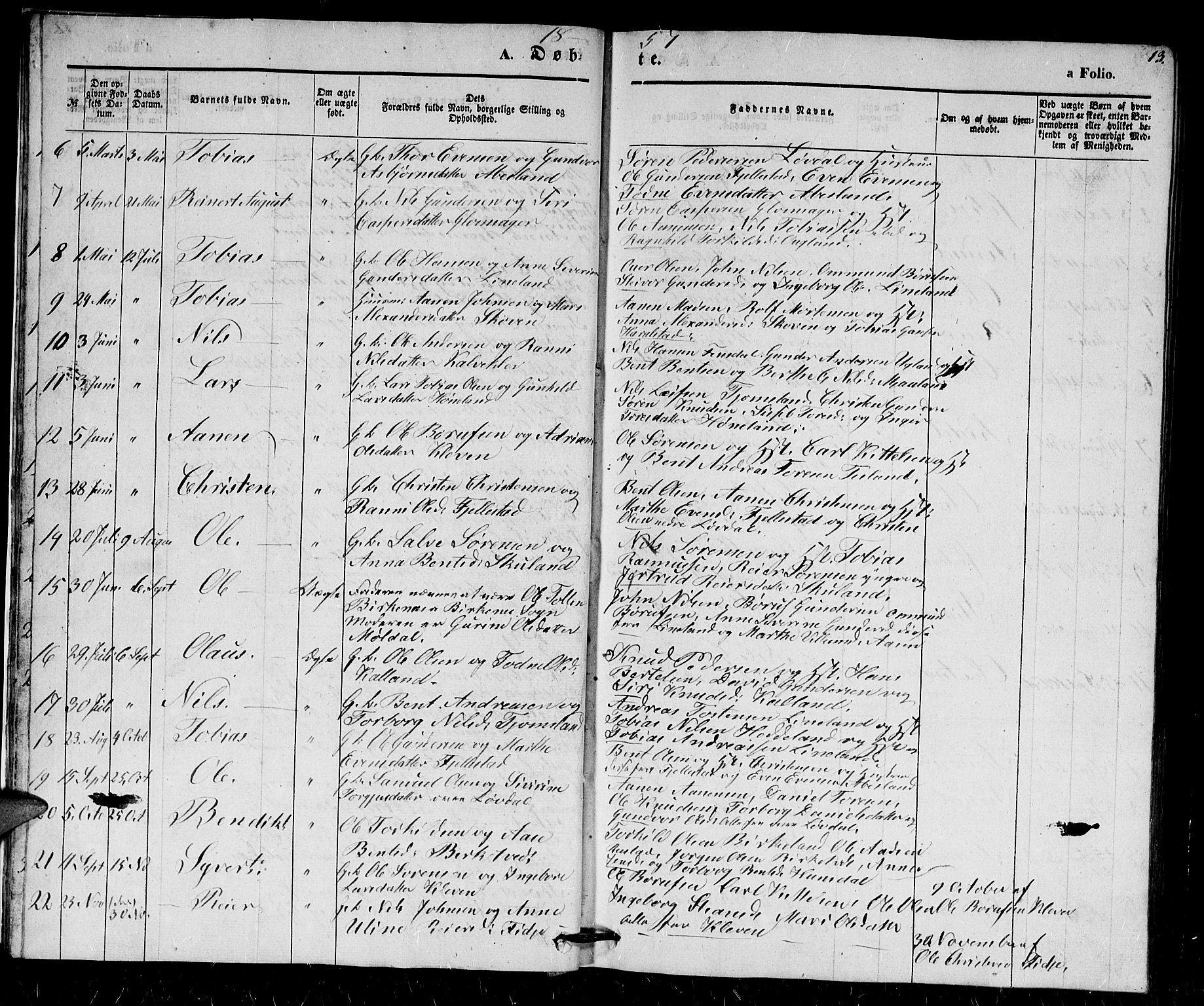 Holum sokneprestkontor, SAK/1111-0022/F/Fb/Fbb/L0002: Parish register (copy) no. B 2, 1847-1874, p. 13