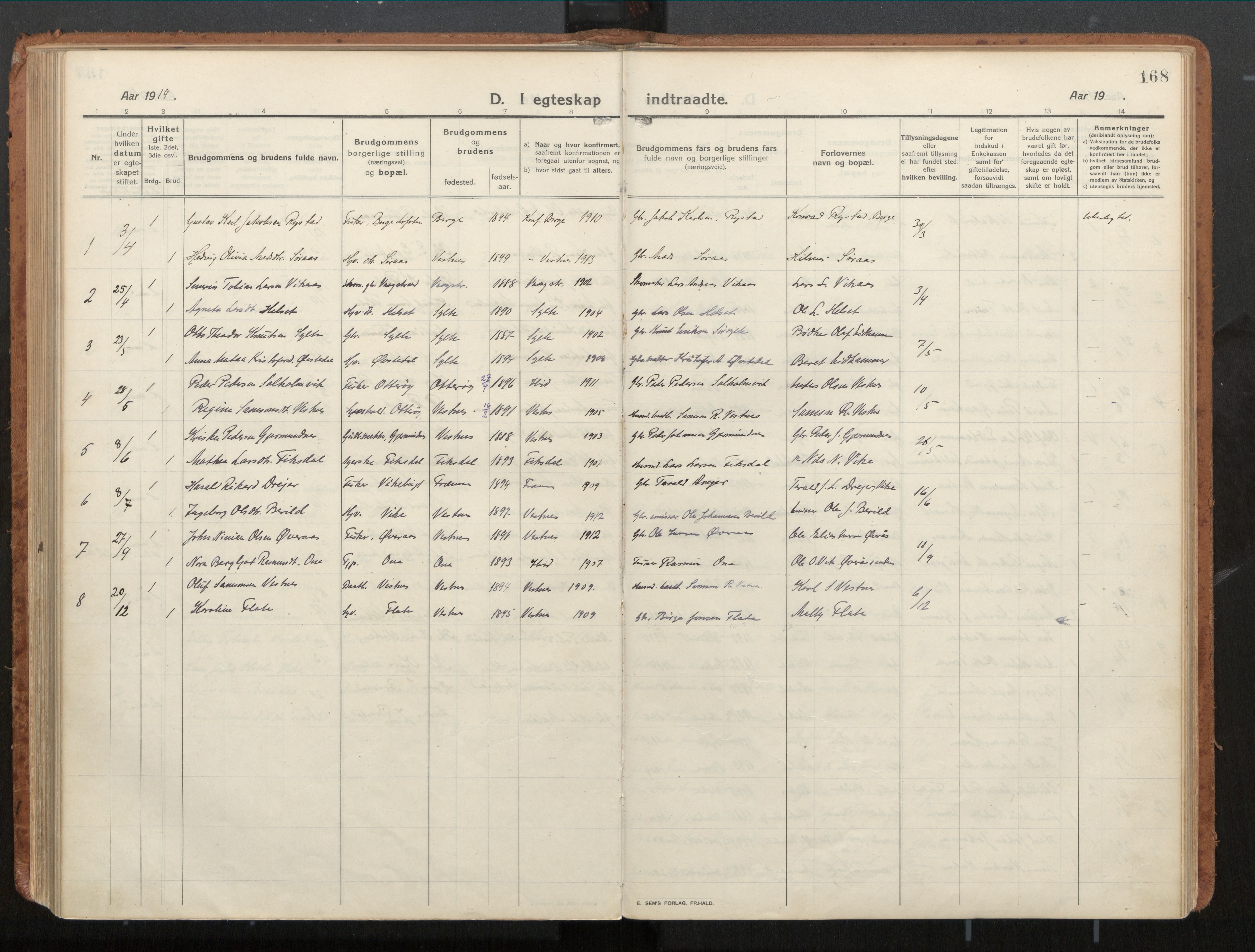 Ministerialprotokoller, klokkerbøker og fødselsregistre - Møre og Romsdal, SAT/A-1454/539/L0534a: Parish register (official) no. 539A08, 1912-1935, p. 168