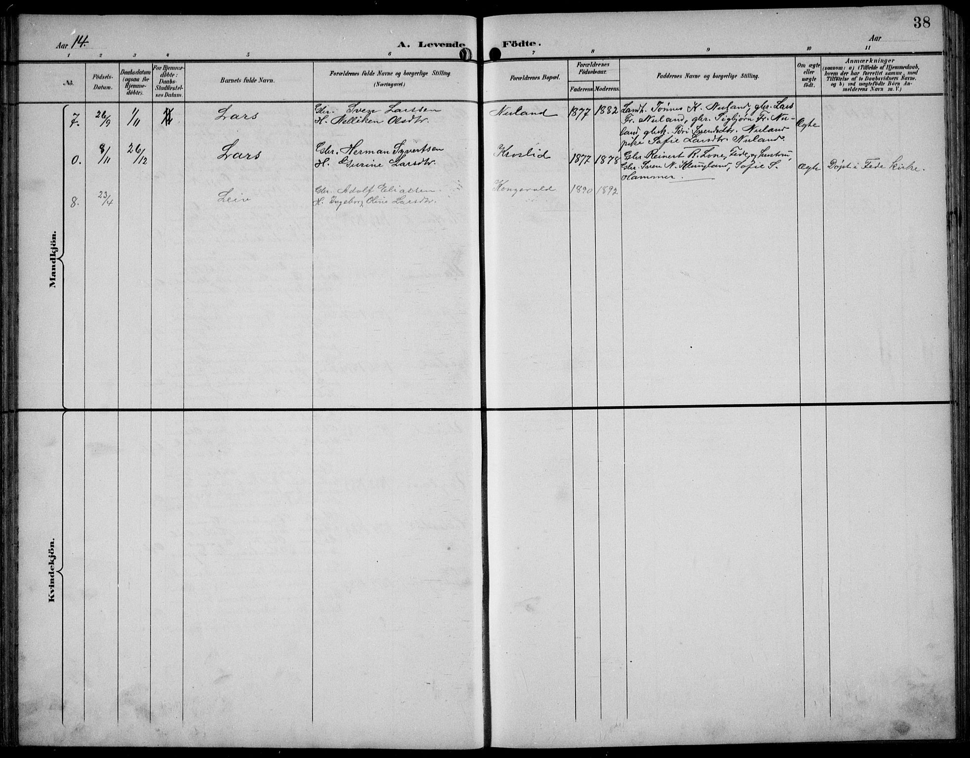 Bakke sokneprestkontor, AV/SAK-1111-0002/F/Fb/Fbb/L0004: Parish register (copy) no. B 4, 1896-1927, p. 38