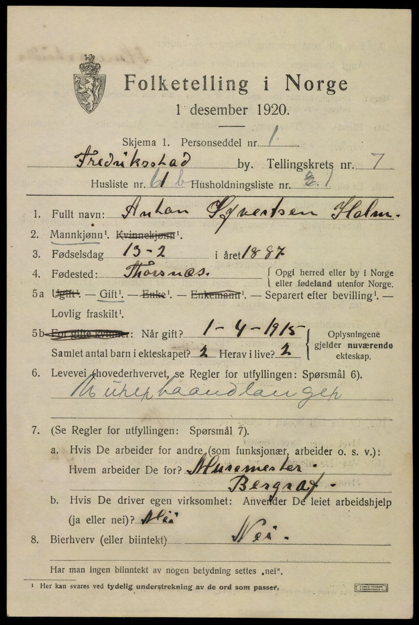 SAO, 1920 census for Fredrikstad, 1920, p. 22897