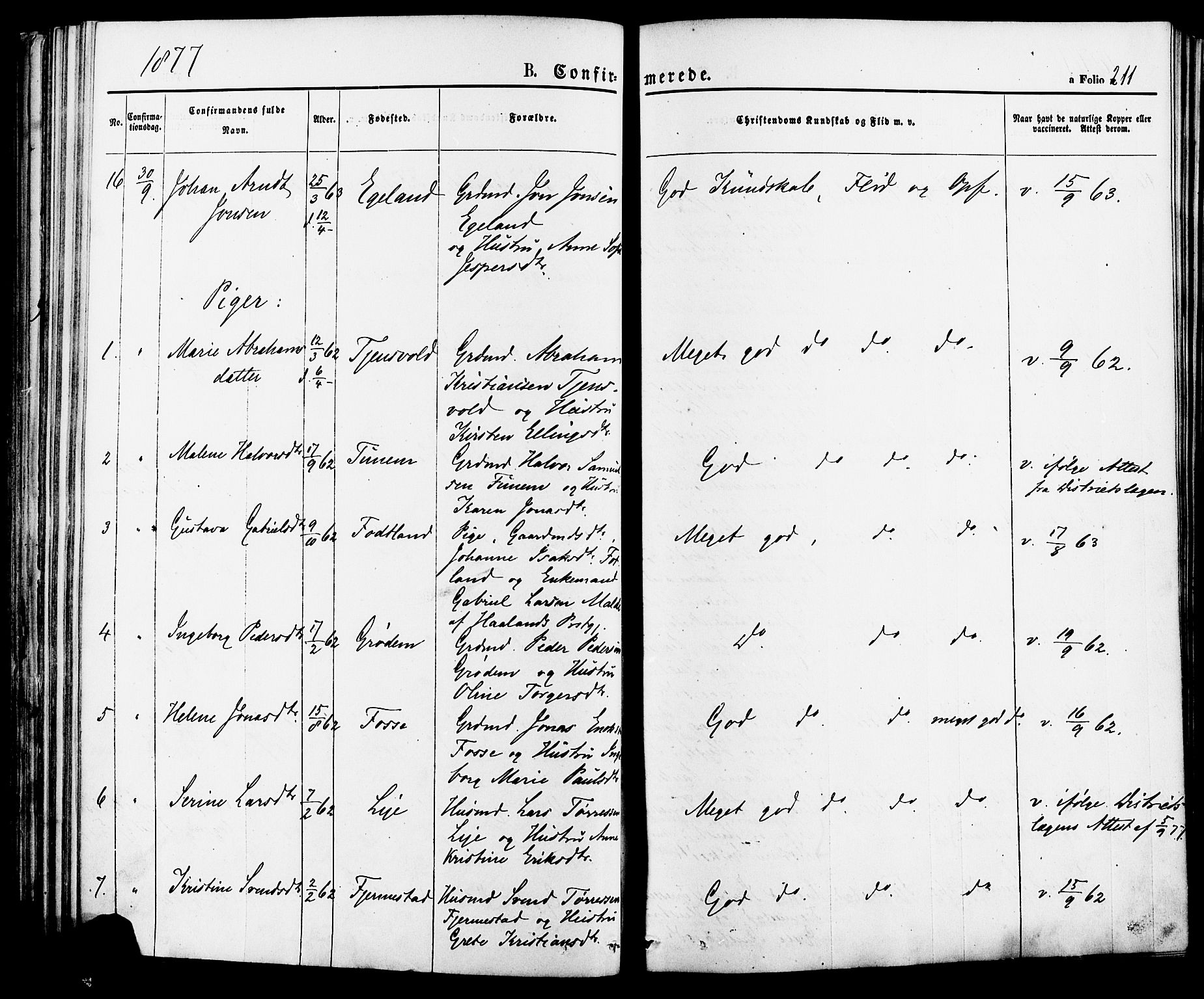 Lye sokneprestkontor, AV/SAST-A-101794/001/30BA/L0008: Parish register (official) no. A 7, 1872-1881, p. 211