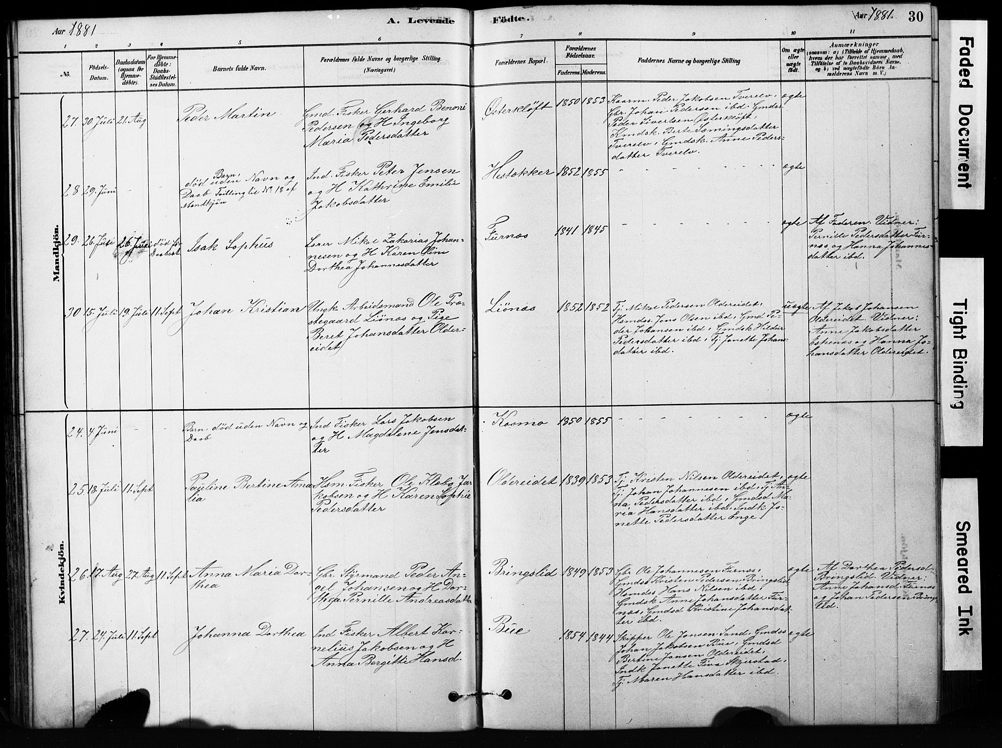 Ministerialprotokoller, klokkerbøker og fødselsregistre - Nordland, AV/SAT-A-1459/852/L0754: Parish register (copy) no. 852C05, 1878-1894, p. 30