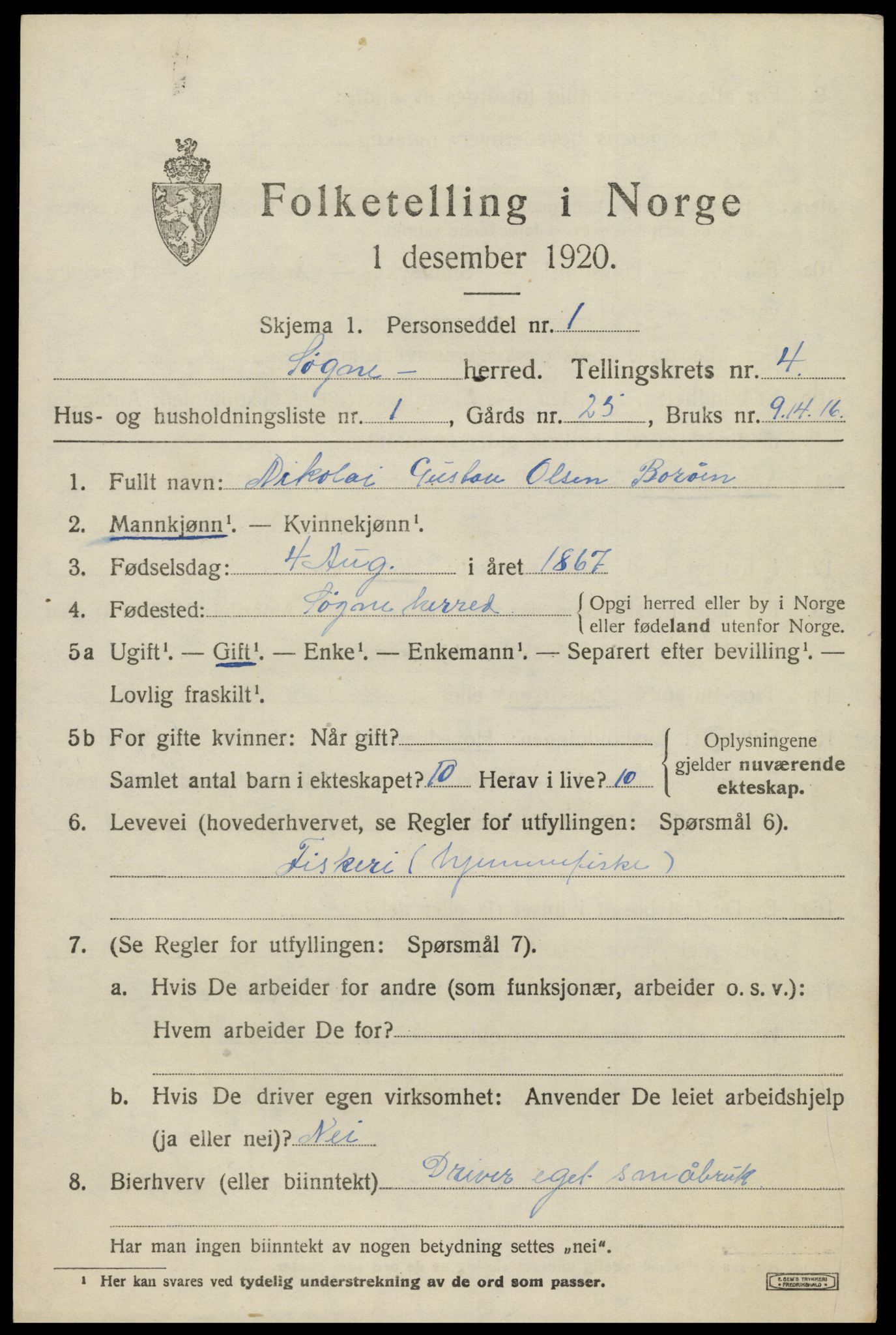 SAK, 1920 census for Søgne, 1920, p. 1997