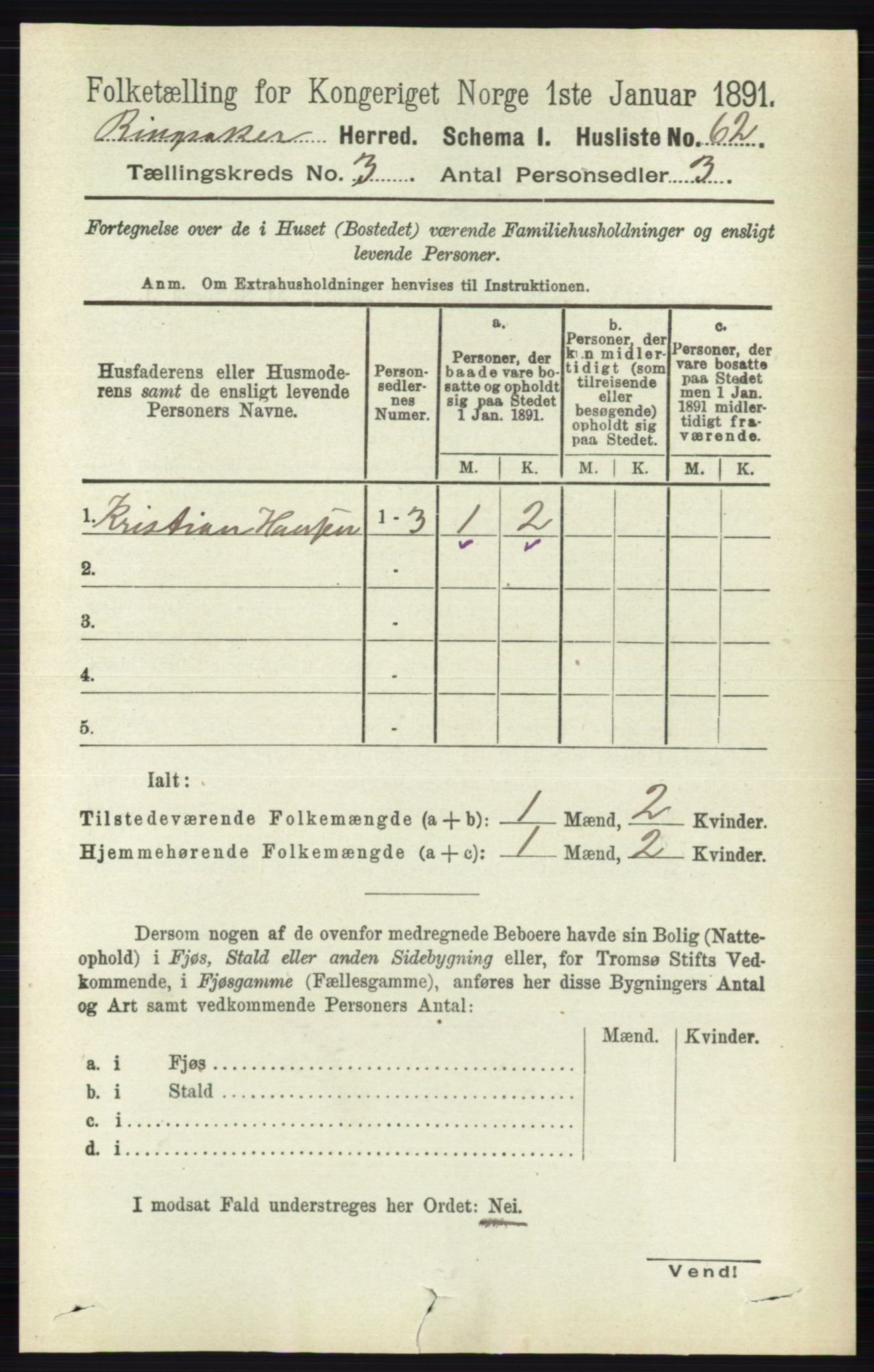 RA, 1891 census for 0412 Ringsaker, 1891, p. 1223