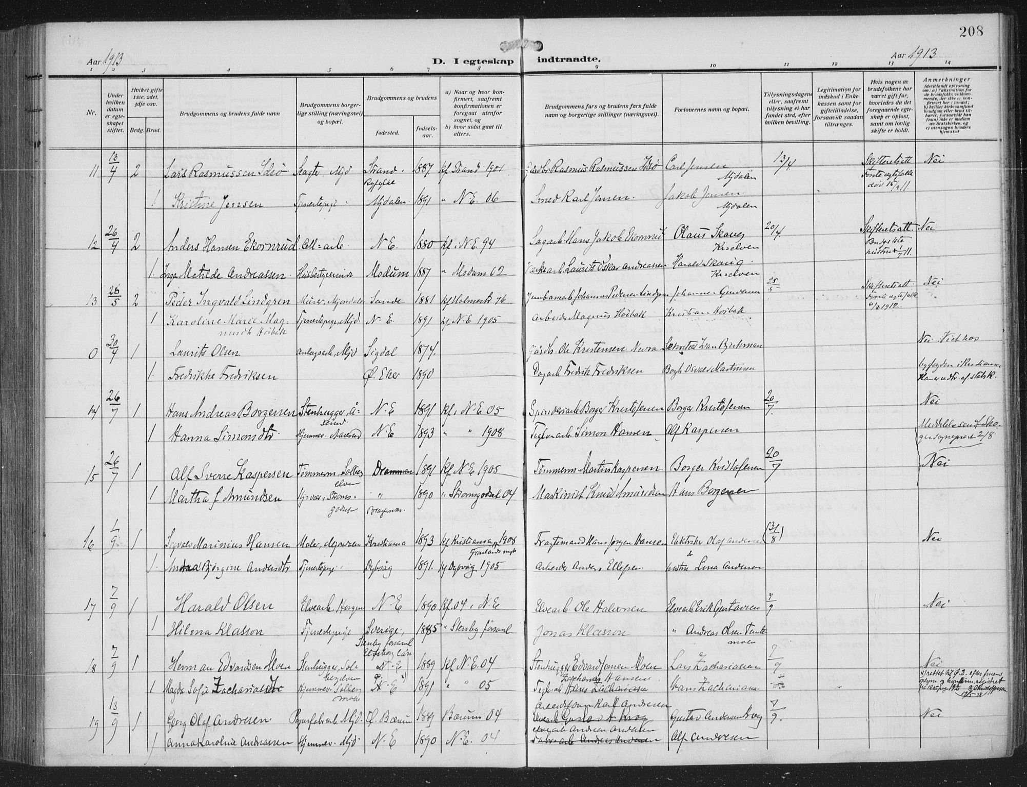 Nedre Eiker kirkebøker, SAKO/A-612/F/Fa/L0007: Parish register (official) no. 7, 1912-1918, p. 208